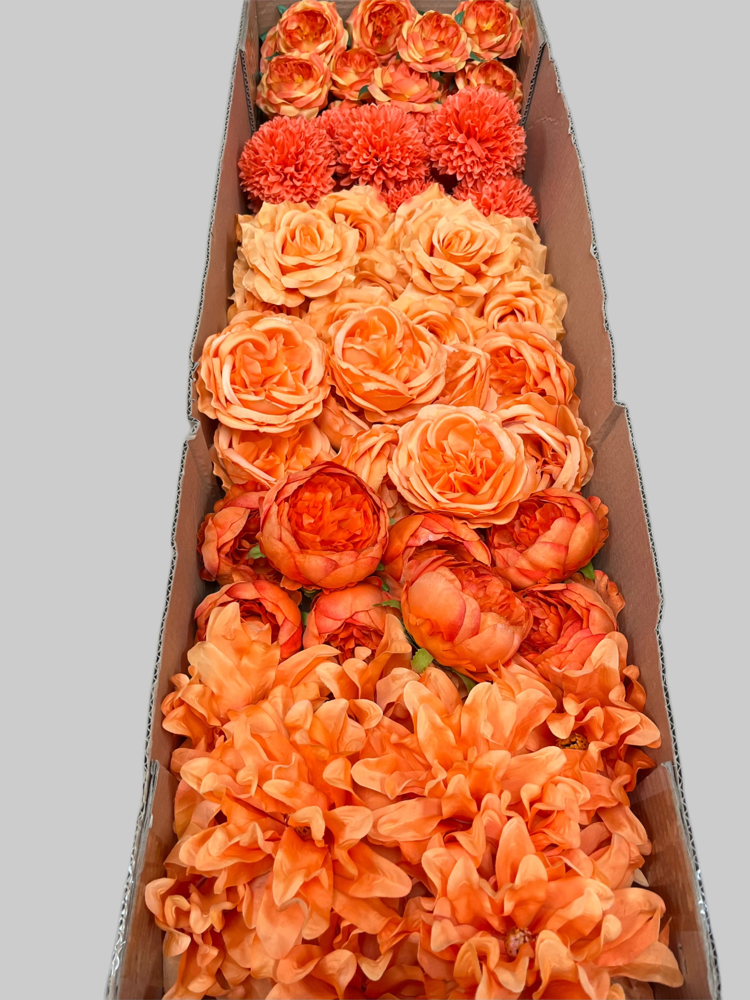 60PCS All Orange Assorted Artificial Flower Heads (AO3), Peonies, Rose, Orchids, Ping Pong Mums & Ranunculus