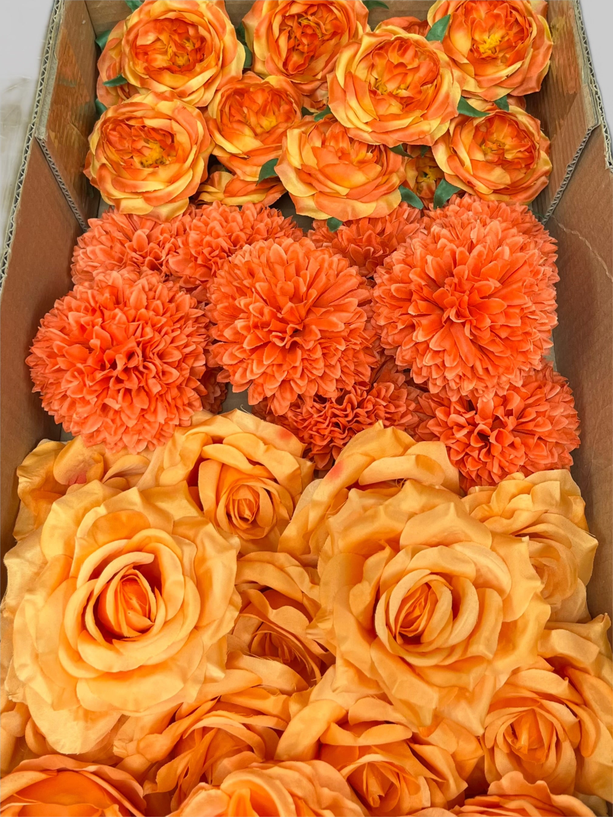 60PCS All Orange Assorted Artificial Flower Heads (AO3), Peonies, Rose, Orchids, Ping Pong Mums & Ranunculus
