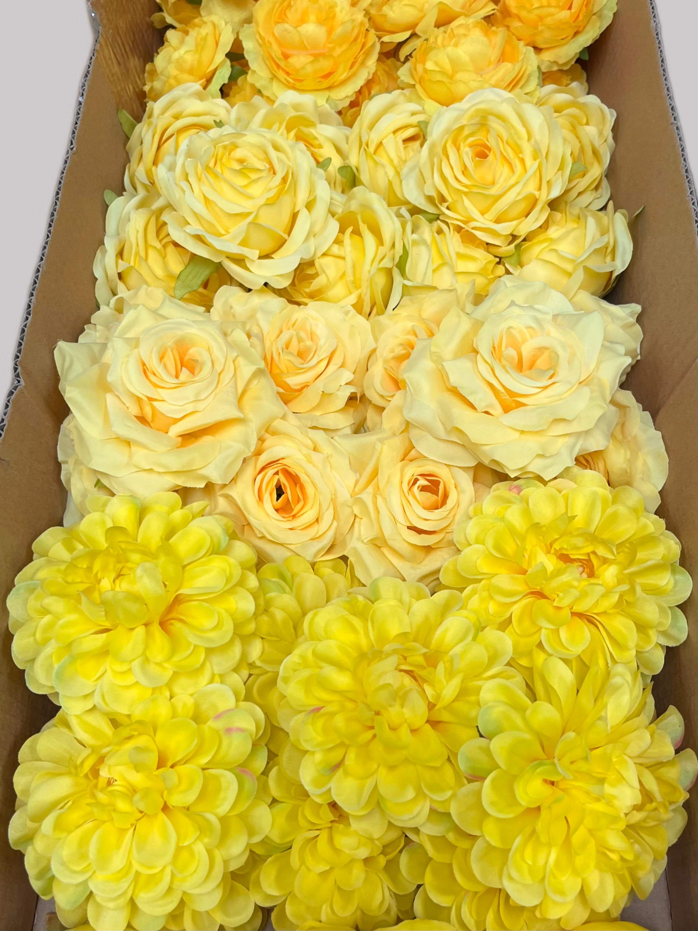 60 PCS All Yellow Assorted Artificial Flower Heads D – Roses, Peonies, Carnations, Ranunculus