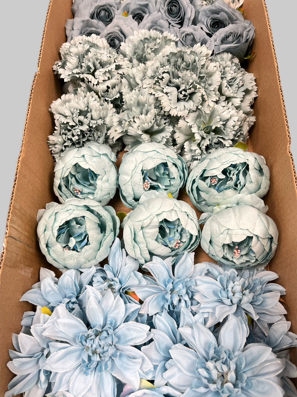 60 PCS All Light Blue Assorted Artificial Flower Heads D – Roses, Peonies, Carnations, Dahlia