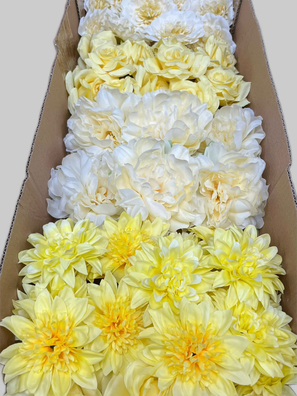 60 PCS All Yellow Assorted Artificial Flower Heads E – Roses, Peonies & Dahlias