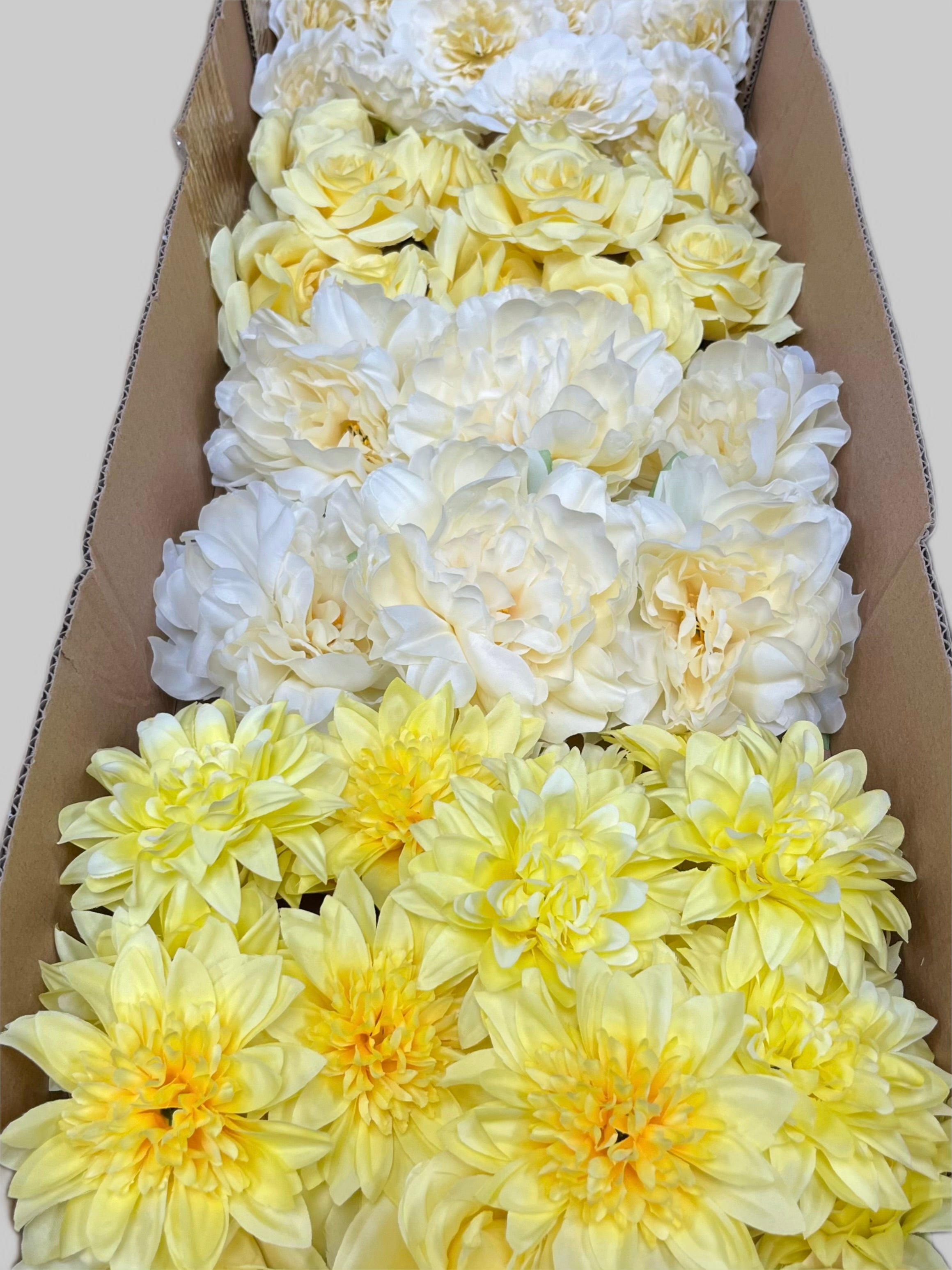 60 PCS All Yellow Assorted Artificial Flower Heads E – Roses, Peonies & Dahlias