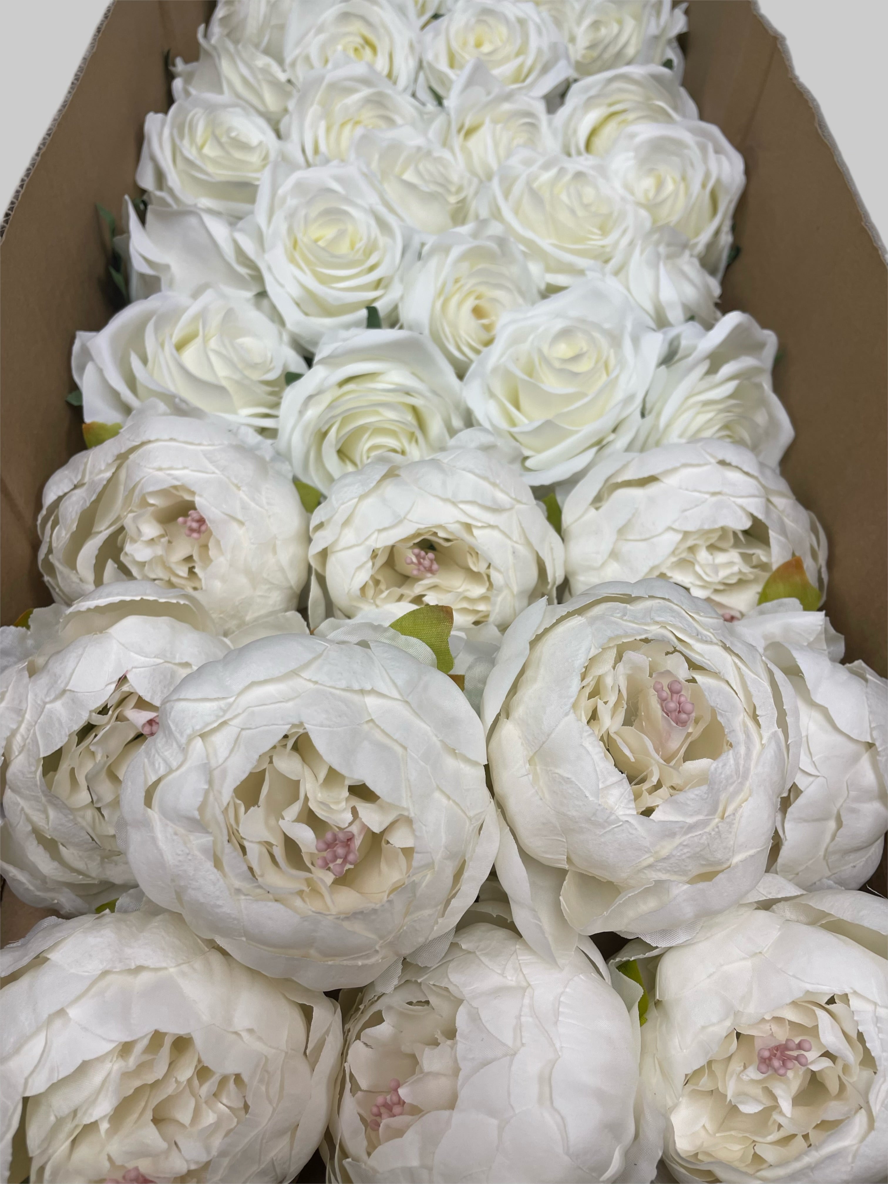 50 PCS All White Assorted Artificial Flower Heads A – Roses, Peonies