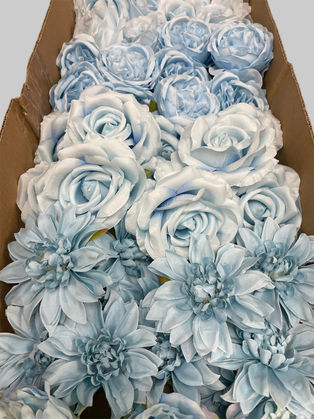 60 PCS All Light Blue Assorted Artificial Flower Heads B – Roses, Peonies, Dahlia