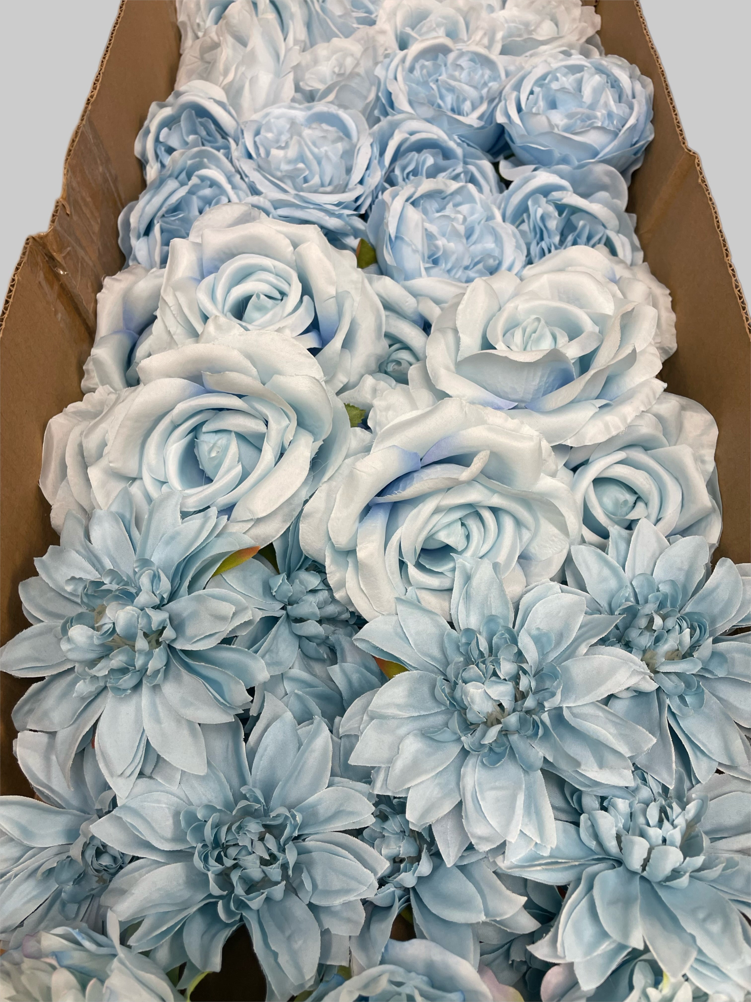 60 PCS All Light Blue Assorted Artificial Flower Heads B – Roses, Peonies, Dahlia