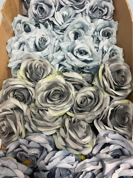 50/60 PCS All Dusty Blue Assorted Artificial Flower Heads (ADL1), Roses, Dahlia