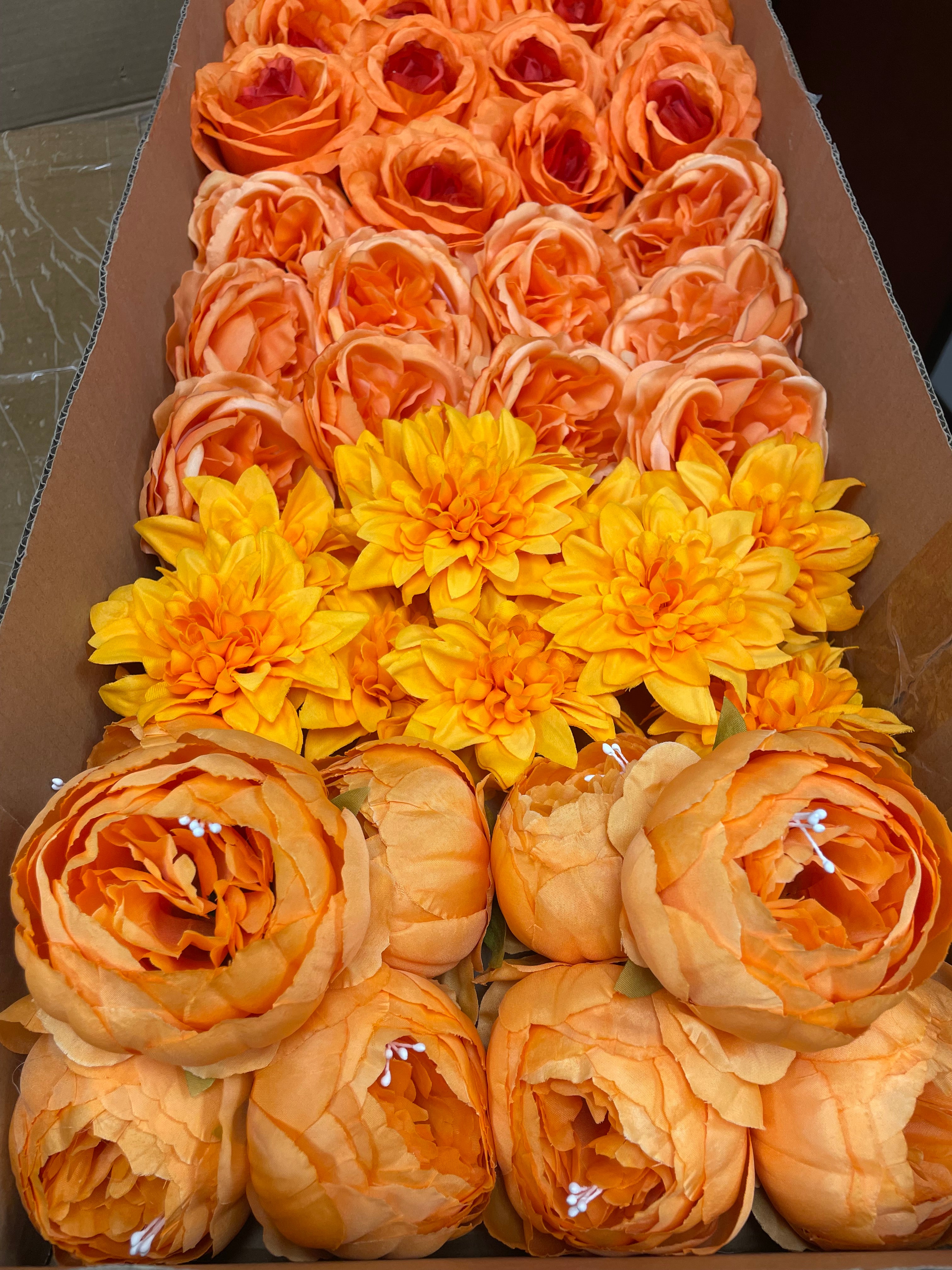 60 PCS All Orange Assorted Artificial Flower Heads A - Peonies, Rose, Dahlia, Carnation
