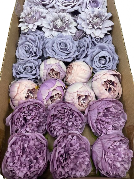 50/60 PCS All Purple Assorted Artificial Flower Heads (AZ6), Peonies, Roses & Dahlias