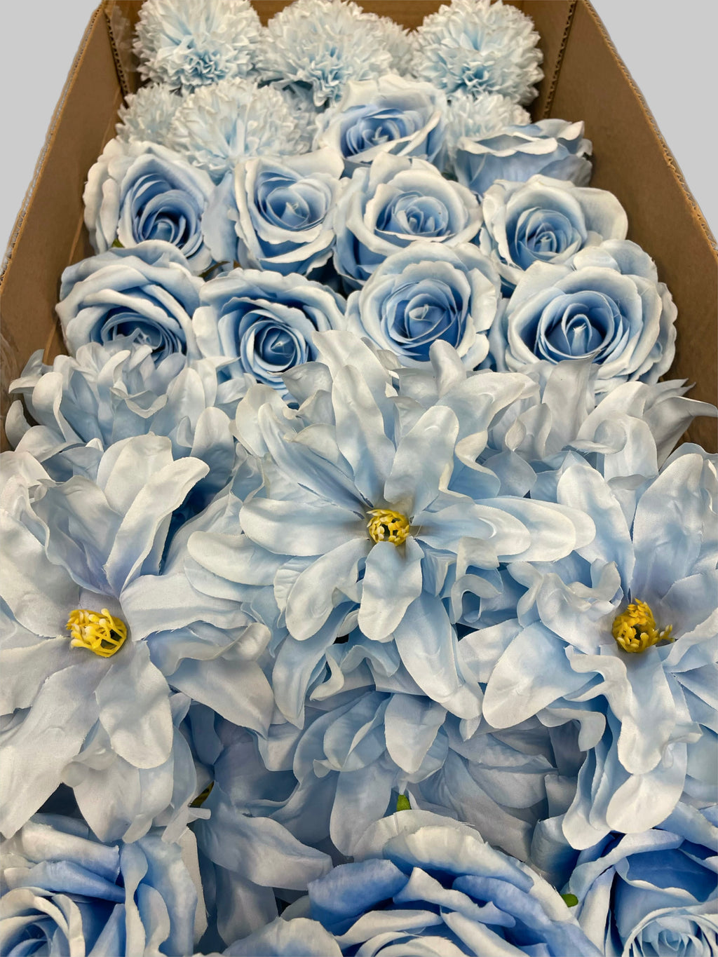 60 PCS All Light Blue Assorted Artificial Flower Heads A - Roses, Peonies, Orchid, Ping Pong Mum