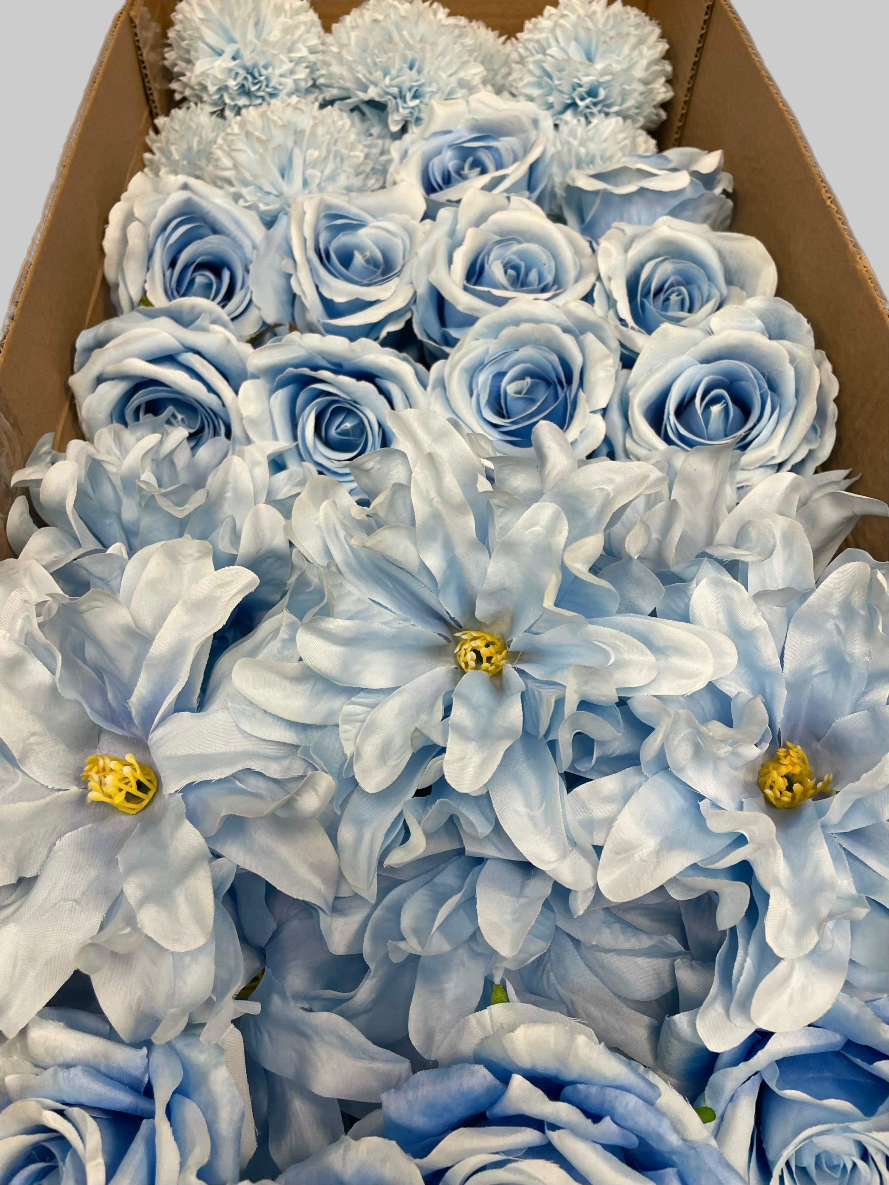 60 PCS All Light Blue Assorted Artificial Flower Heads A - Roses, Peonies, Orchid, Ping Pong Mum