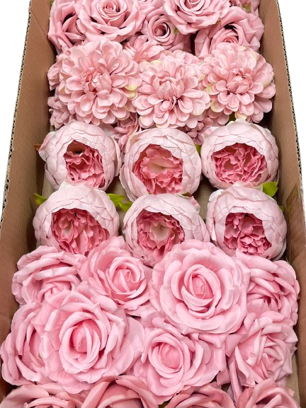 50/60 PCS All Dusty Blush Pink Assorted Artificial Flower Heads (AD3), Peonies, Roses & Dahlias