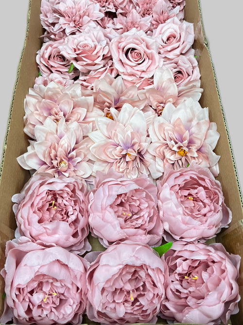 50/60 PCS All Dusty Blush Pink Assorted Artificial Flower Heads (AD2), Peonies, Roses & Dahlias