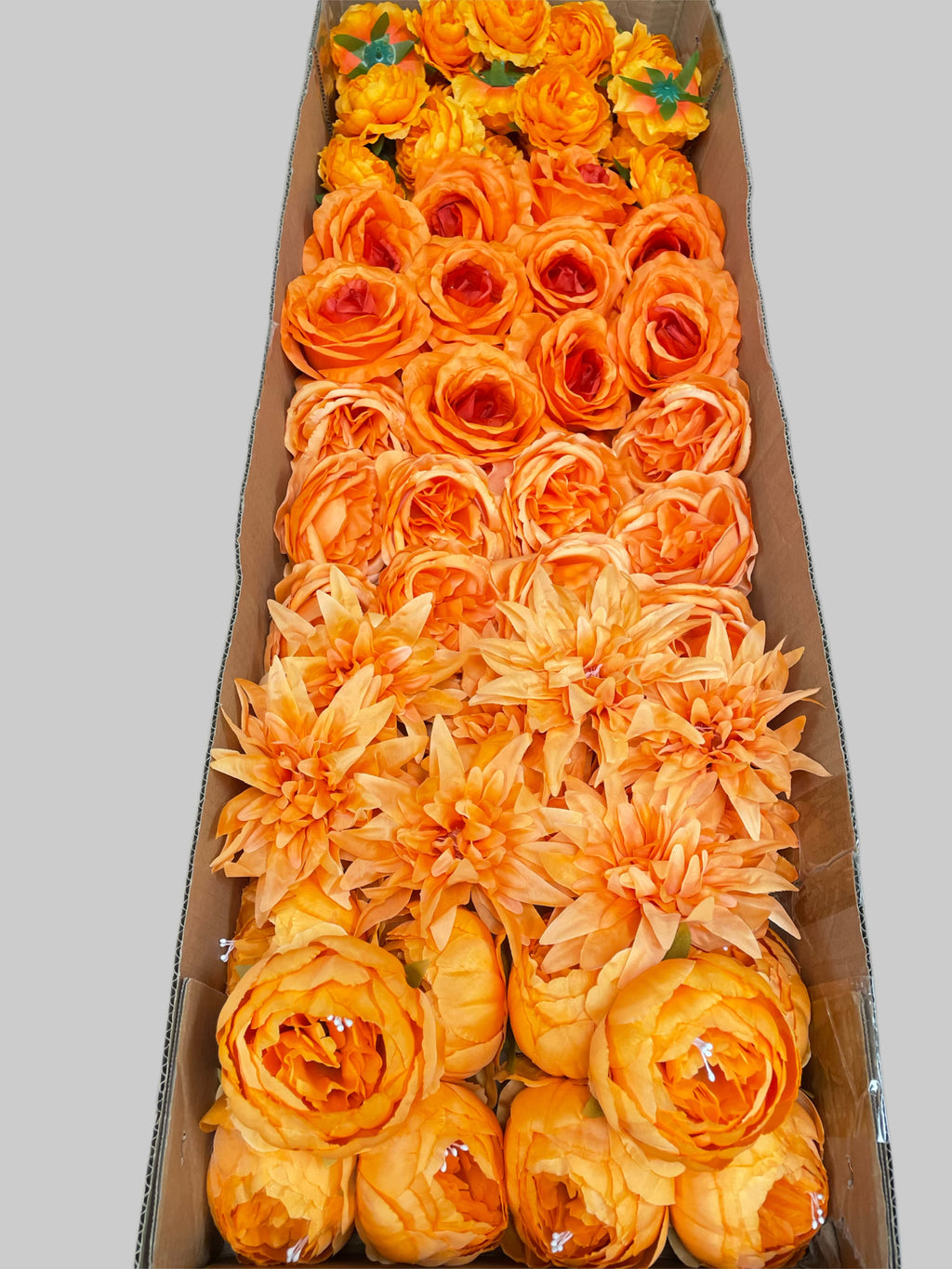 50/60 PCS All Orange Assorted Artificial Flower Heads (AO1BE), Roses, Peonies, Flame Chrysanthemums, Ranunculus