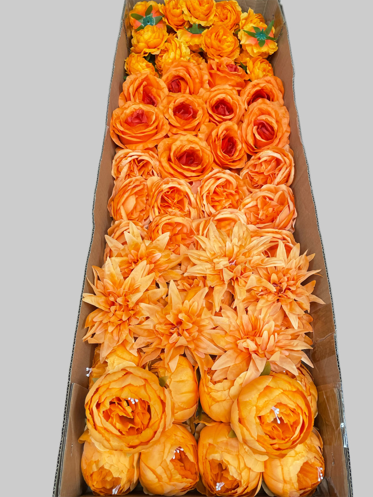 50/60 PCS All Orange Assorted Artificial Flower Heads (AO1BE), Roses, Peonies, Flame Chrysanthemums, Ranunculus