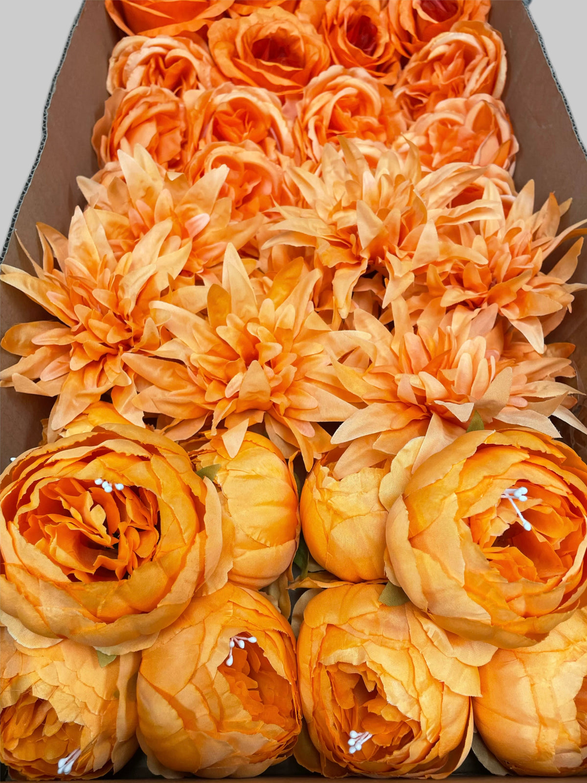 50/60 PCS All Orange Assorted Artificial Flower Heads (AO1BE), Roses, Peonies, Flame Chrysanthemums, Ranunculus