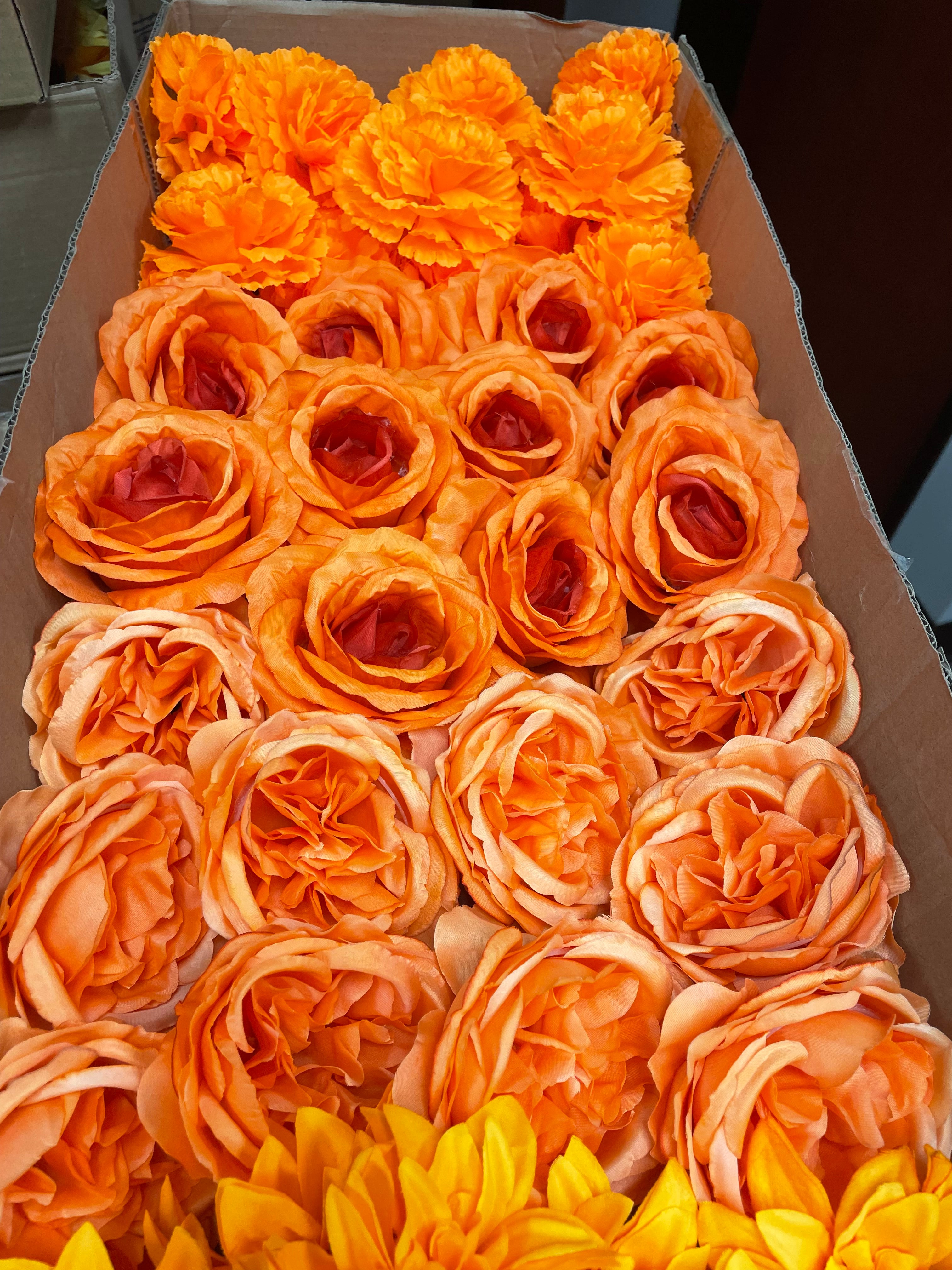 60 PCS All Orange Assorted Artificial Flower Heads A - Peonies, Rose, Dahlia, Carnation