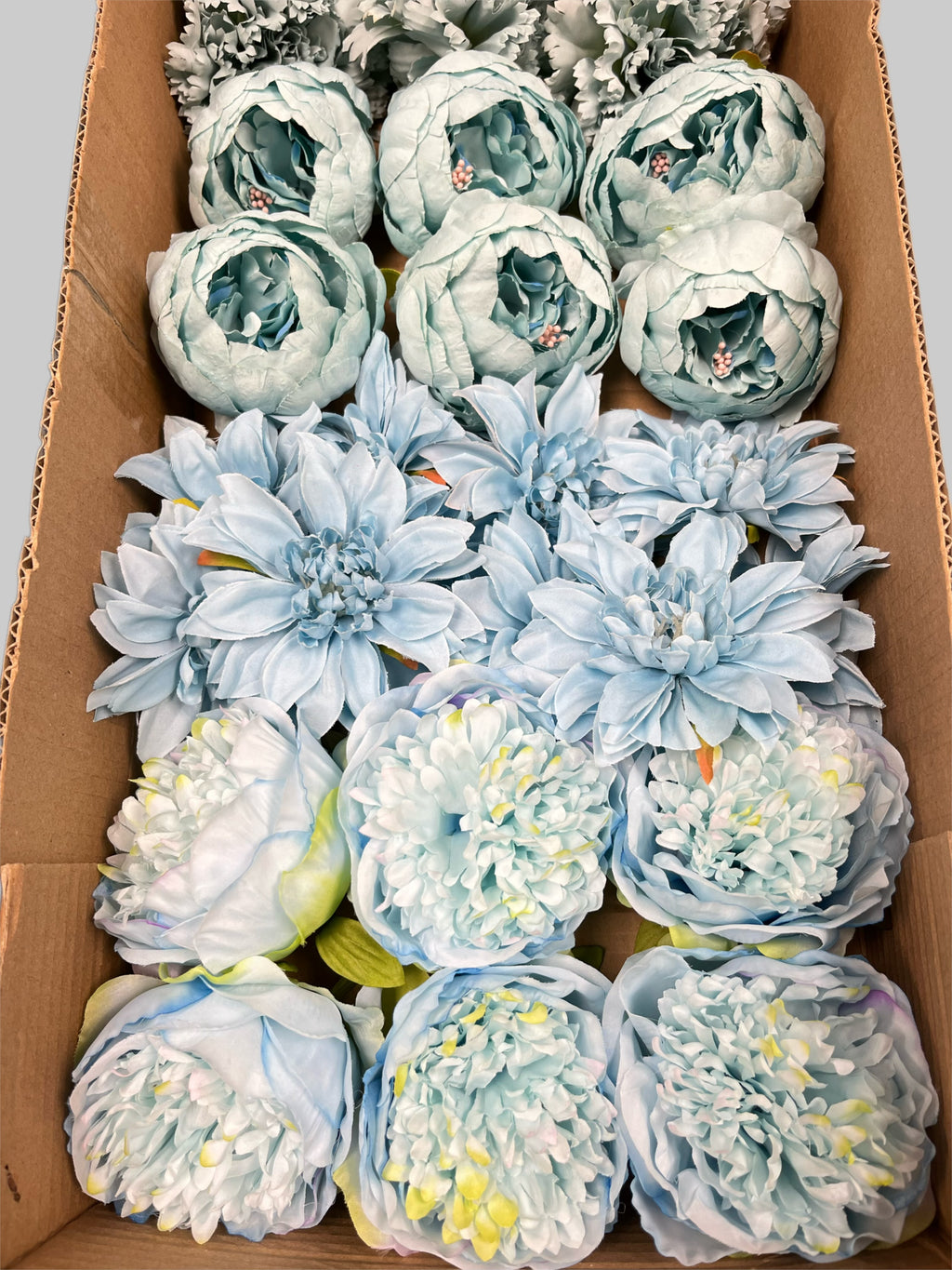 60 PCS All Light Blue Assorted Artificial Flower Heads D – Roses, Peonies, Carnations, Dahlia