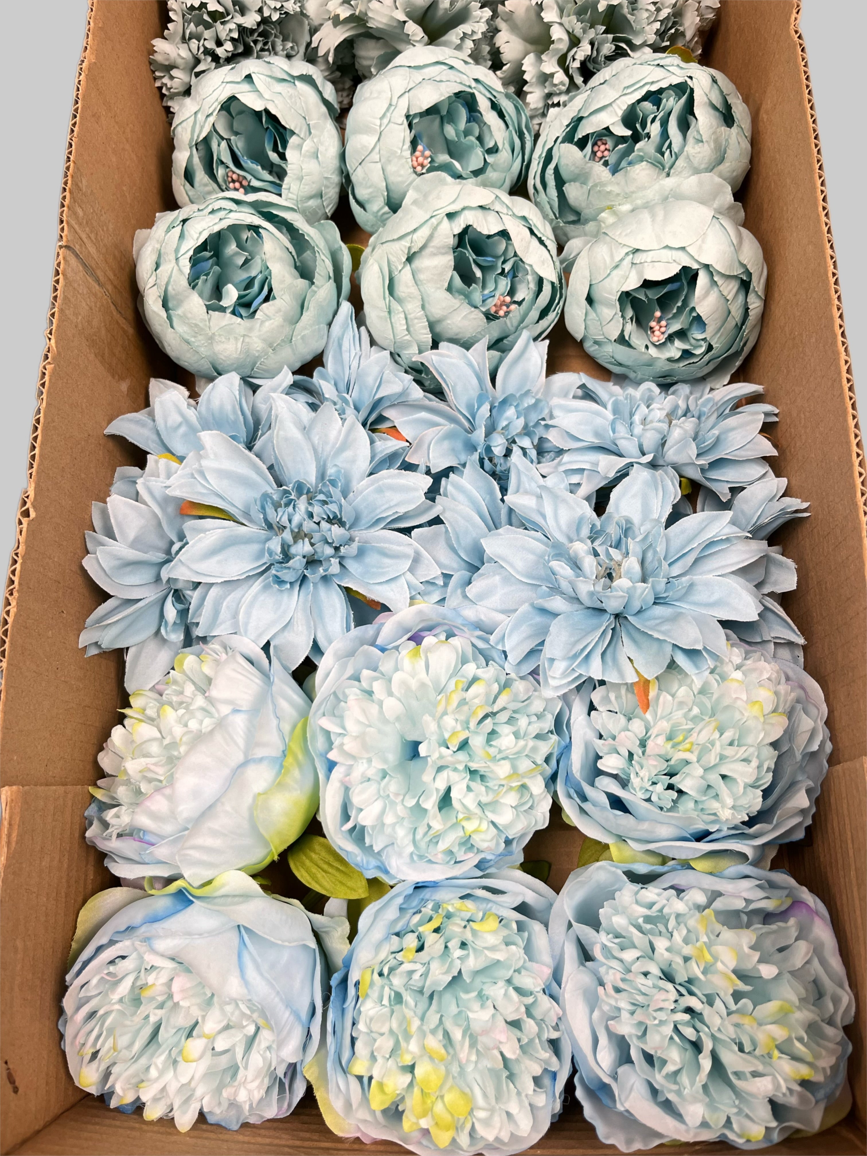 60 PCS All Light Blue Assorted Artificial Flower Heads D – Roses, Peonies, Carnations, Dahlia