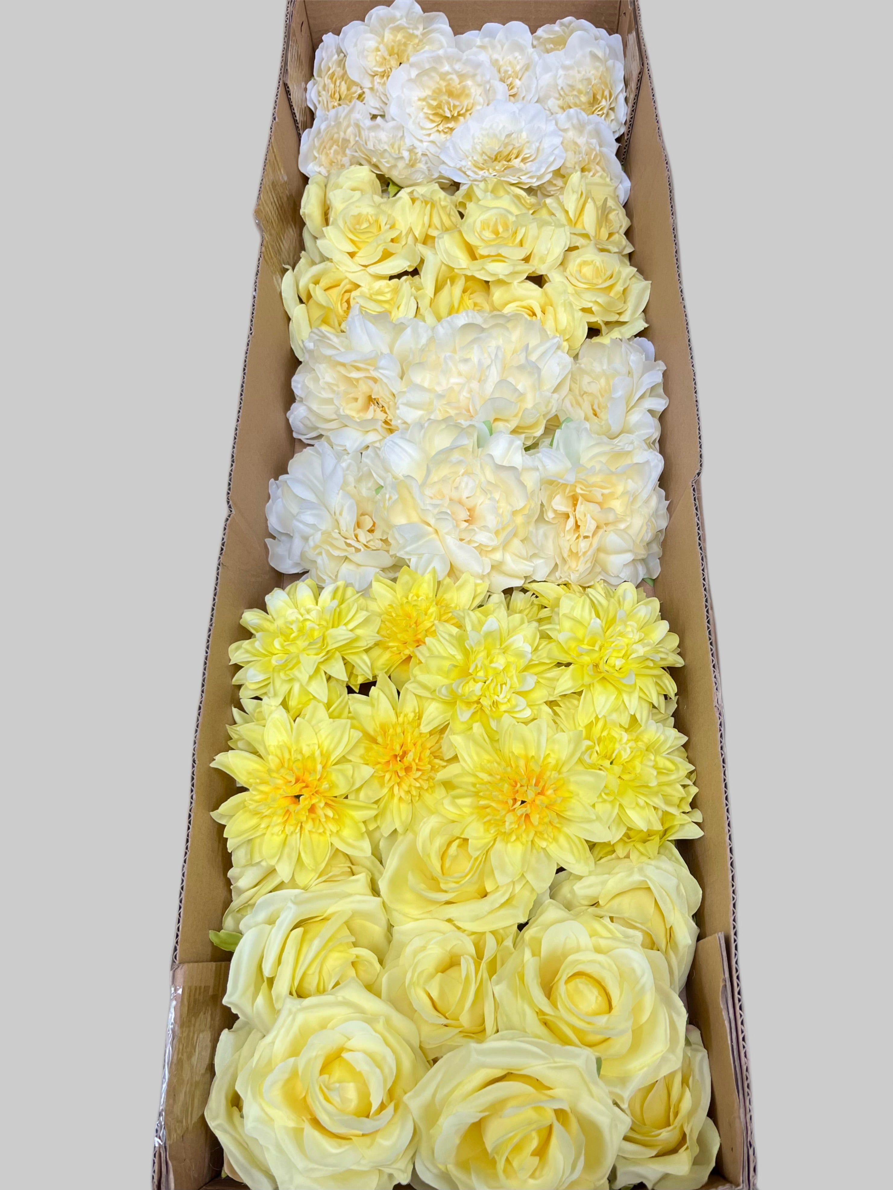 60 PCS All Yellow Assorted Artificial Flower Heads E – Roses, Peonies & Dahlias