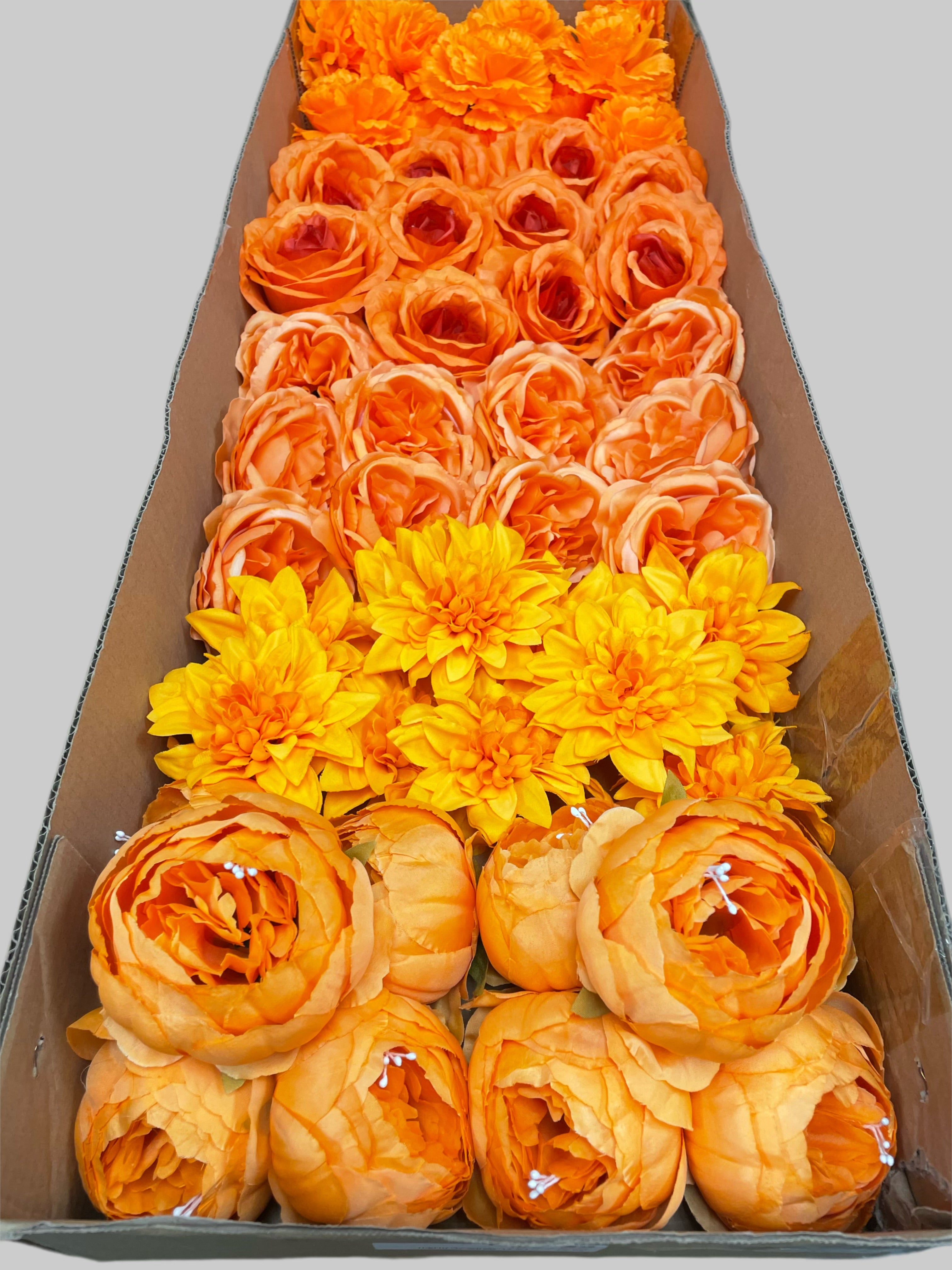 60/70 PCS All Orange Assorted Artificial Flower Heads A - Peonies, Rose, Dahlia, Carnation