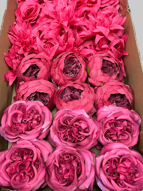 50/60 PCS All Fuchsia & Hot Pink Assorted Artificial Flower Heads (AHP1), Peonies, Rose & Flame Chrysanthemums