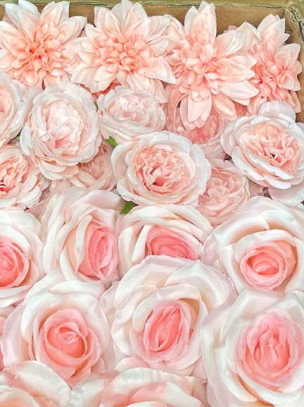 50/60 PCS All Pink Assorted Artificial Flower Heads (AP7), Peonies, Rose, Ranunculus & Dahlias