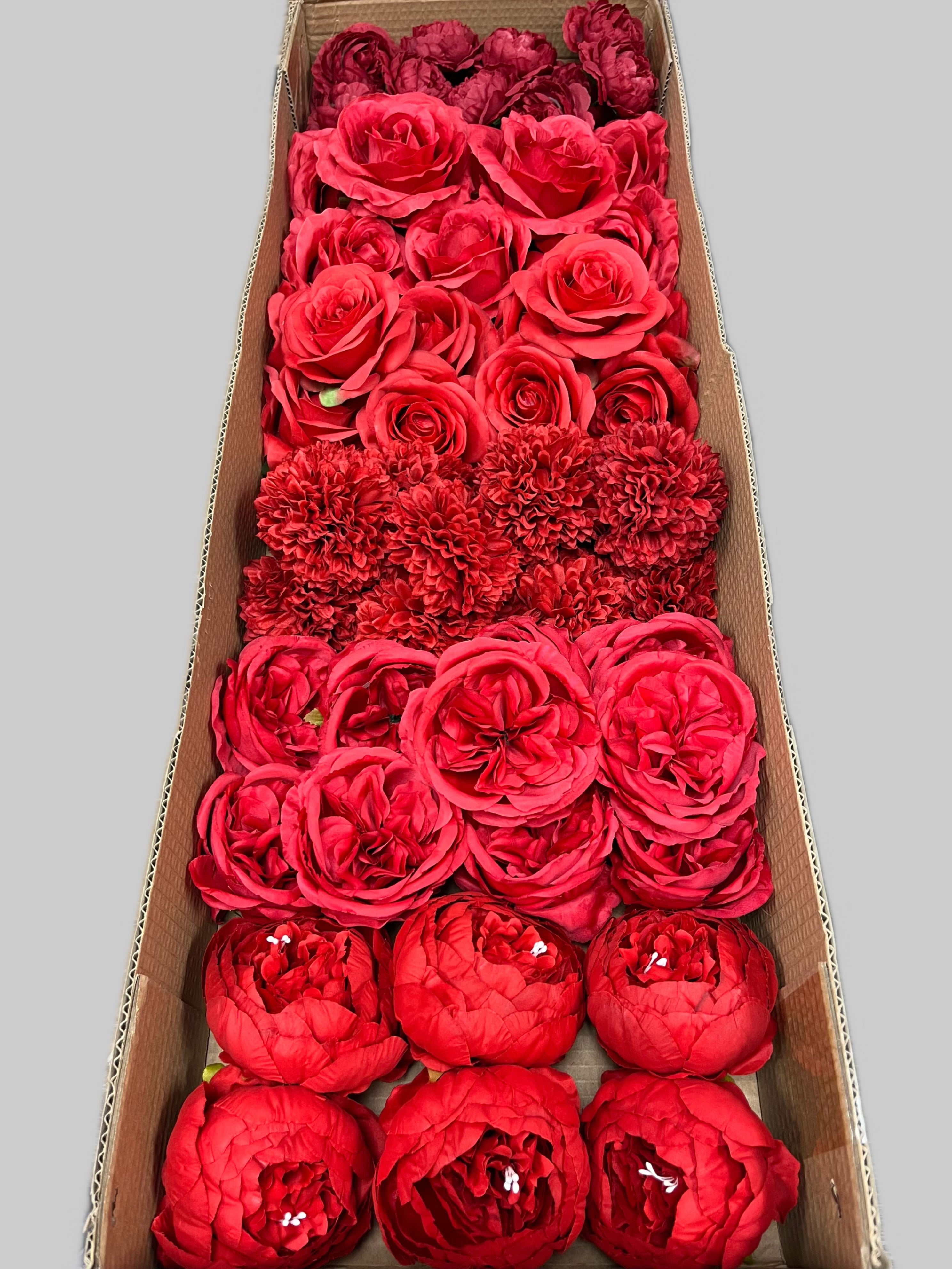 60 PCS All Red Assorted Artificial Flower Heads (AR1), Peonies, Rose, Ping Pong Mums, Ranunculus