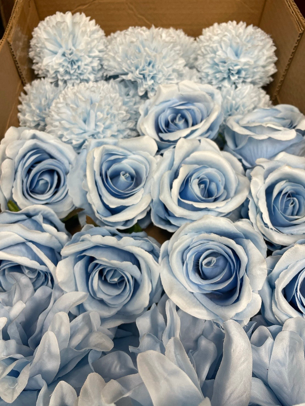 60 PCS All Light Blue Assorted Artificial Flower Heads A - Roses, Peonies, Orchid, Ping Pong Mum