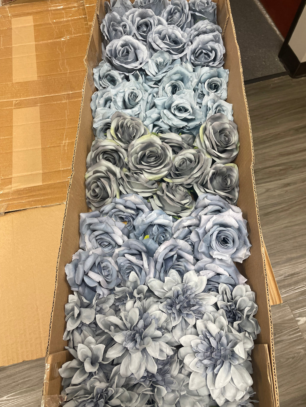 60 PCS All Dusty Blue Assorted Artificial Flower Heads B – Roses, Dahlia