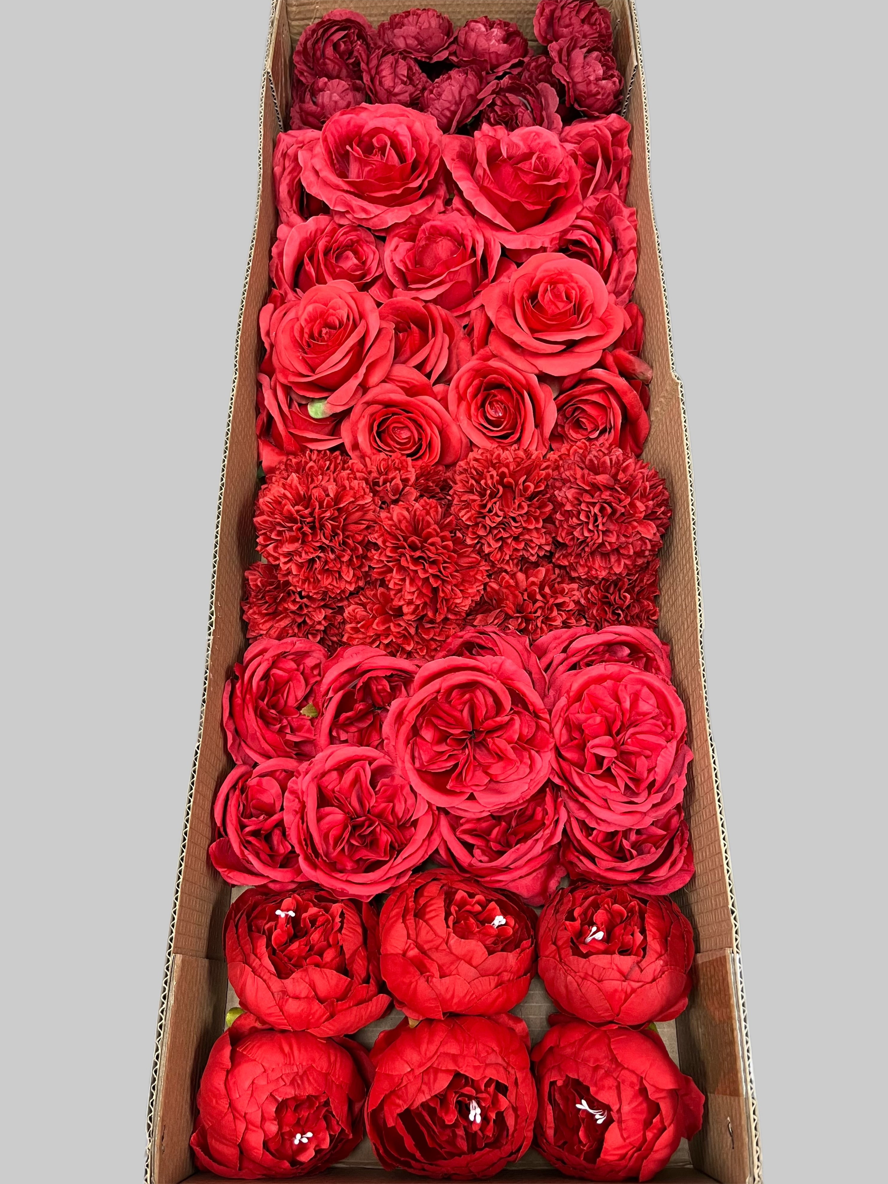 60 PCS All Red Assorted Artificial Flower Heads (AR1), Peonies, Rose, Ping Pong Mums, Ranunculus