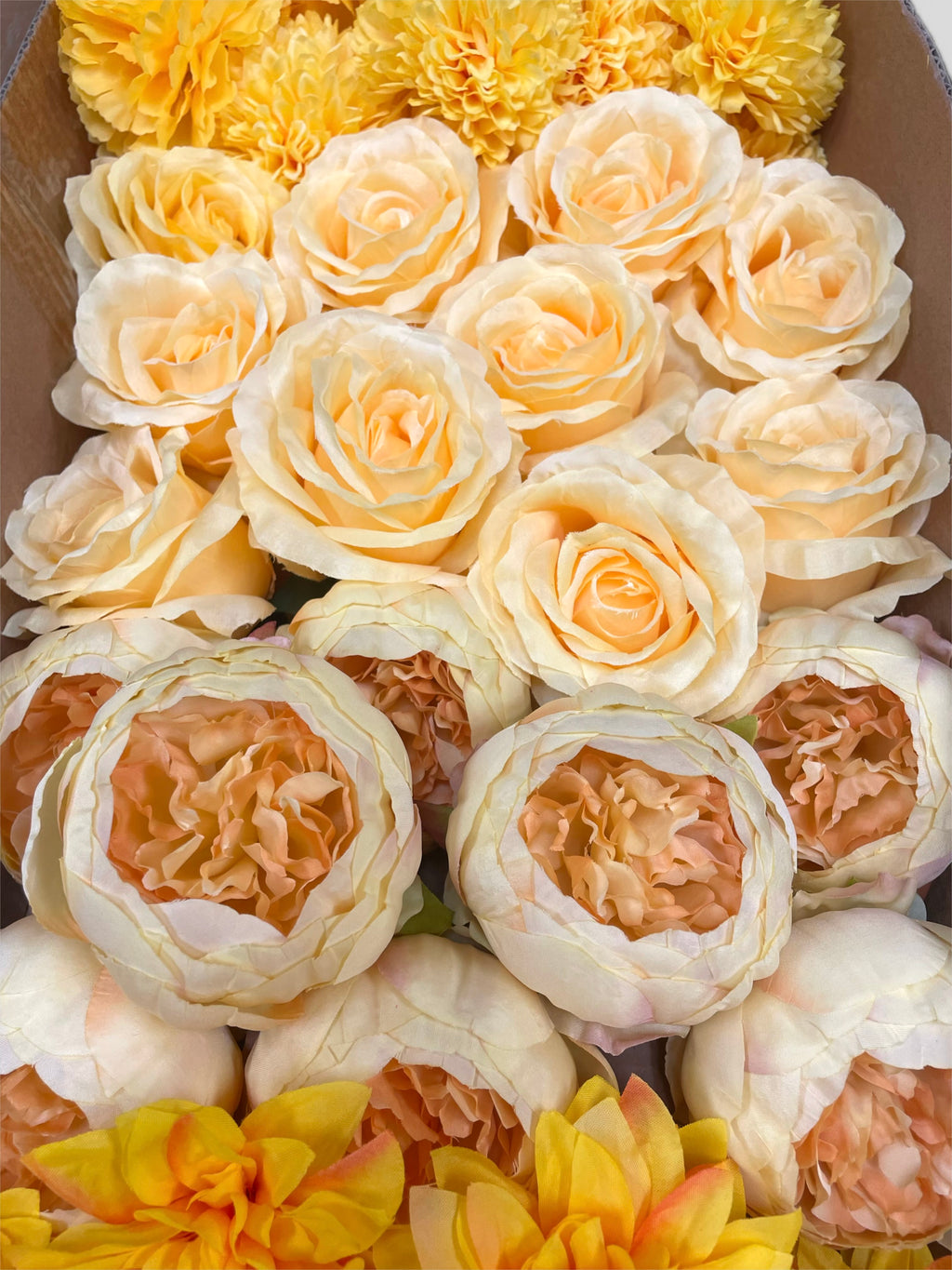 60 PCS All Yellow Assorted Artificial Flower Heads A – Roses, Peonies, Dahlias, Ping Pong Mums & Carnations