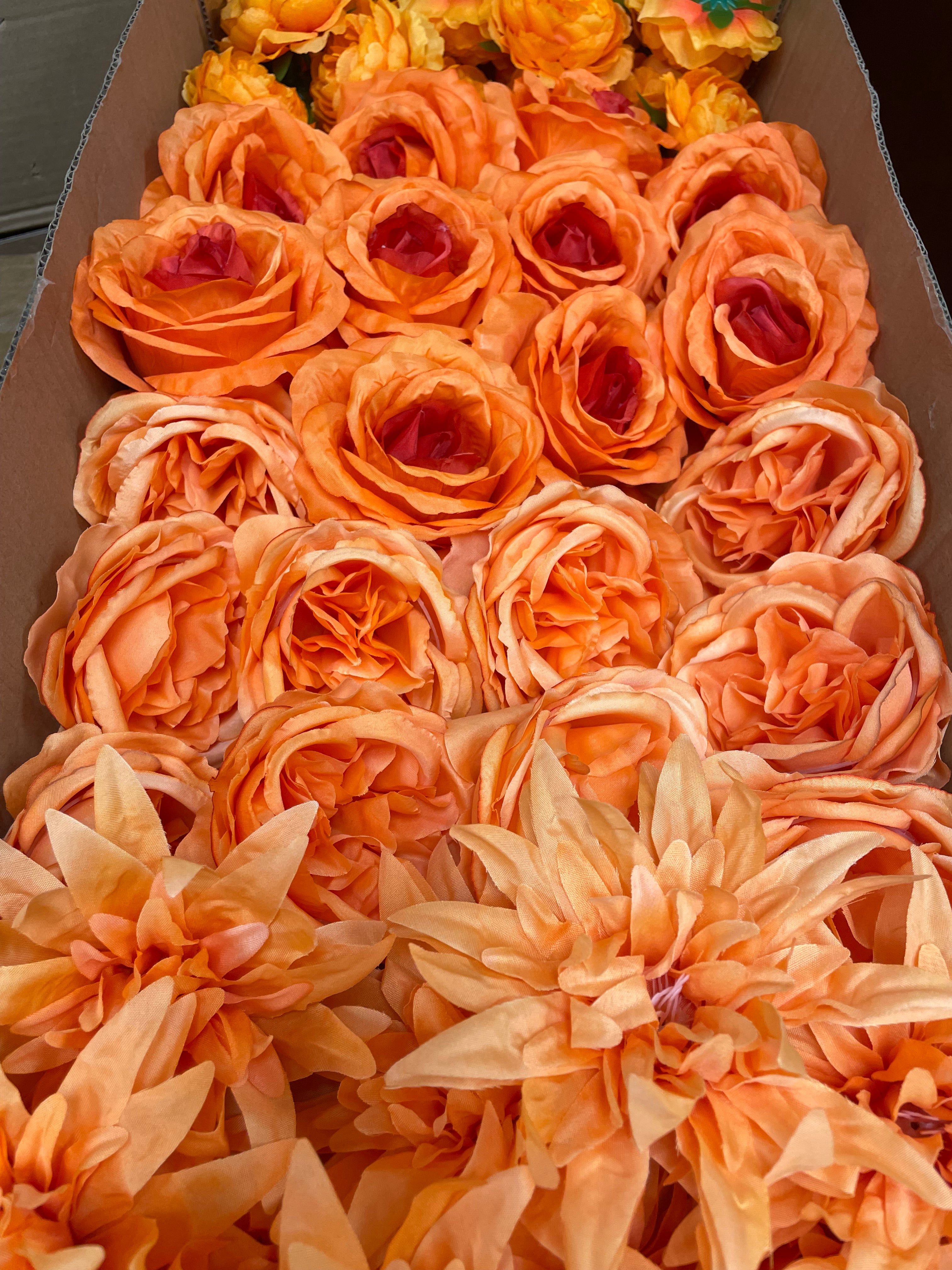 60 PCS All Orange Assorted Artificial Flower Heads B – Roses, Peonies, Dahlia, Ranunculus