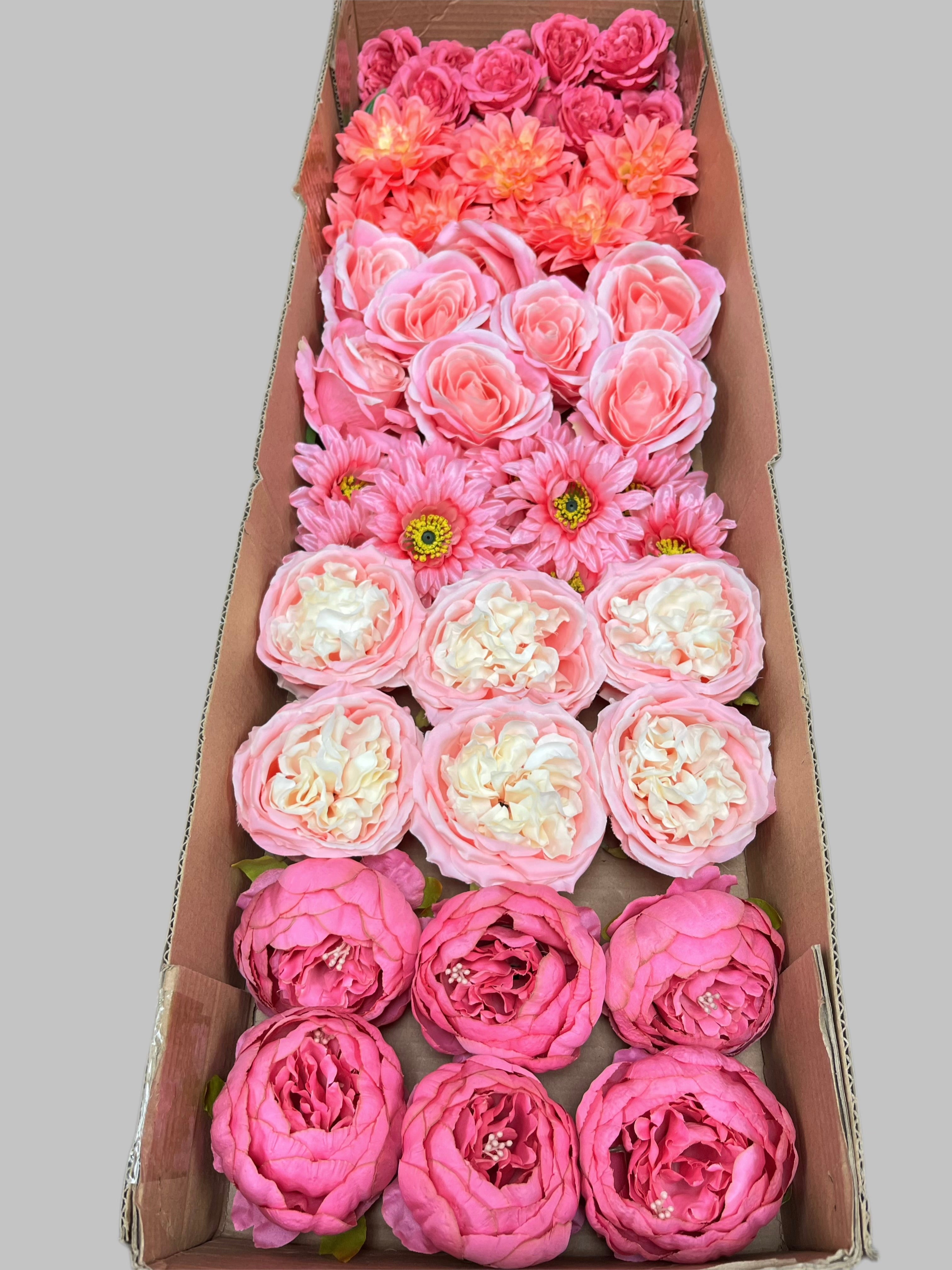 60 PCS Artificial Flower Heads (AS12), Hot Pink & Pink Mixed Flower - Roses, Peonies, Dahlias & Chrysanthemums