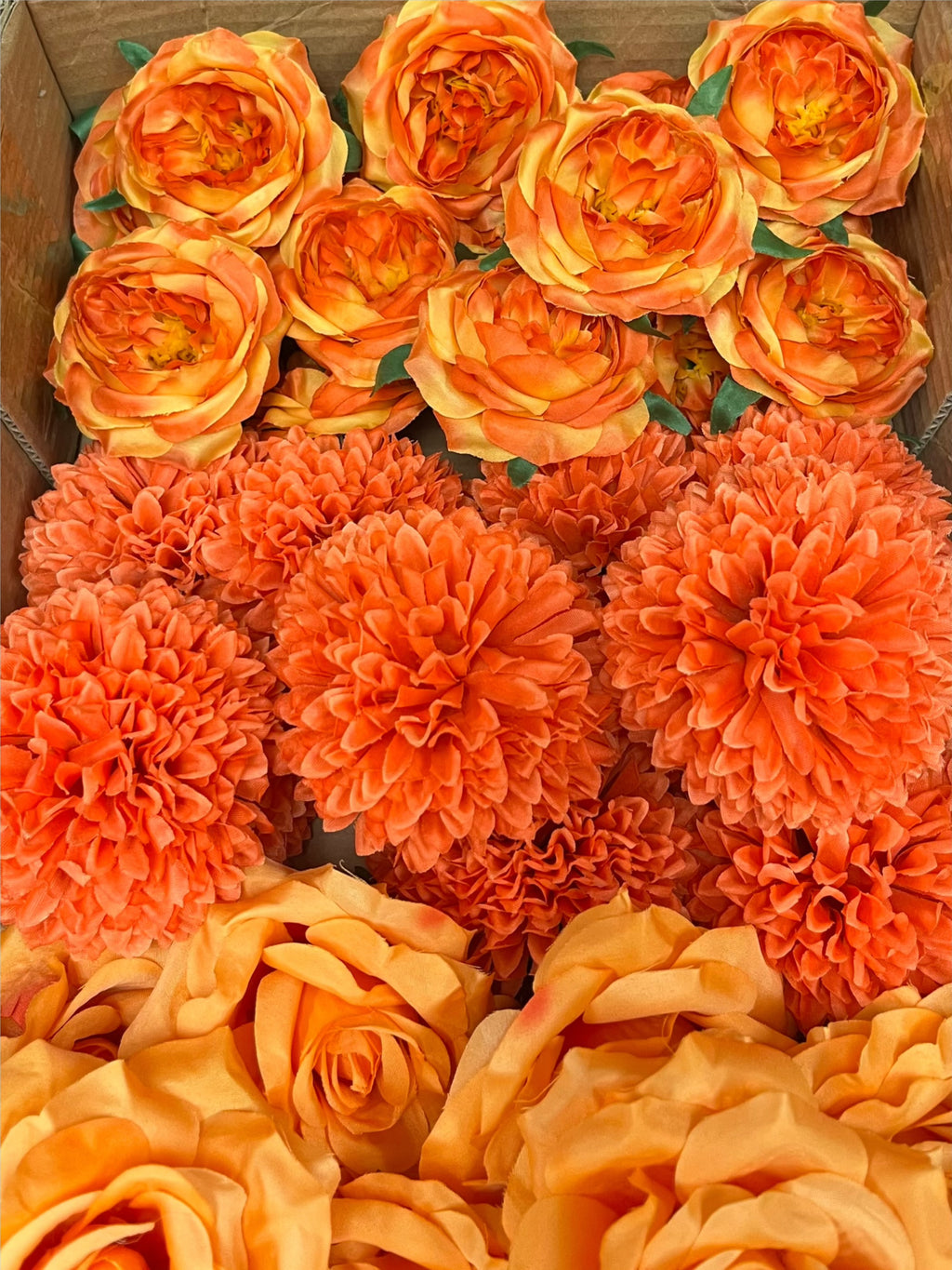 60PCS All Orange Assorted Artificial Flower Heads (AO3), Peonies, Rose, Orchids, Ping Pong Mums & Ranunculus