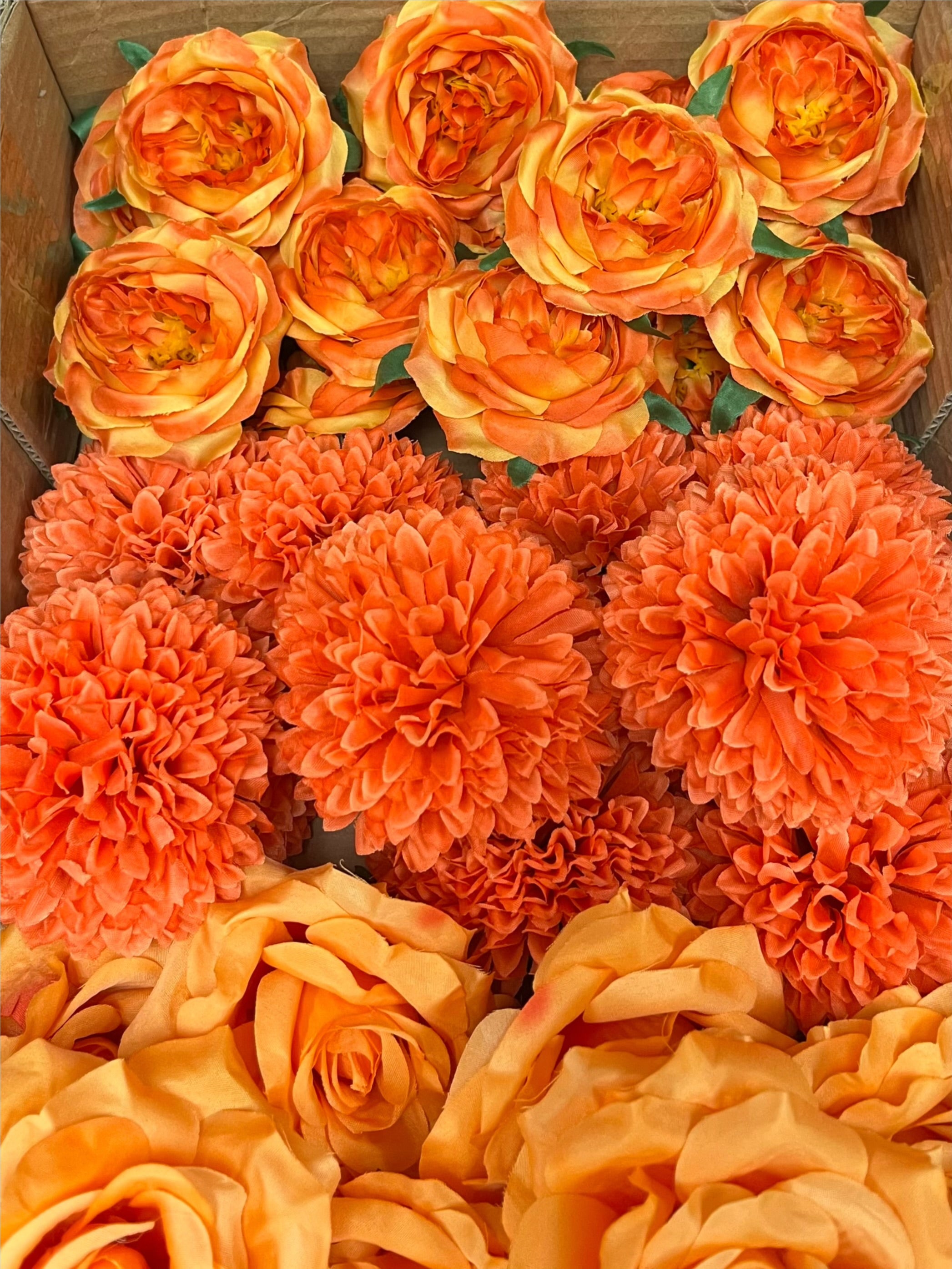 60PCS All Orange Assorted Artificial Flower Heads (AO3), Peonies, Rose, Orchids, Ping Pong Mums & Ranunculus