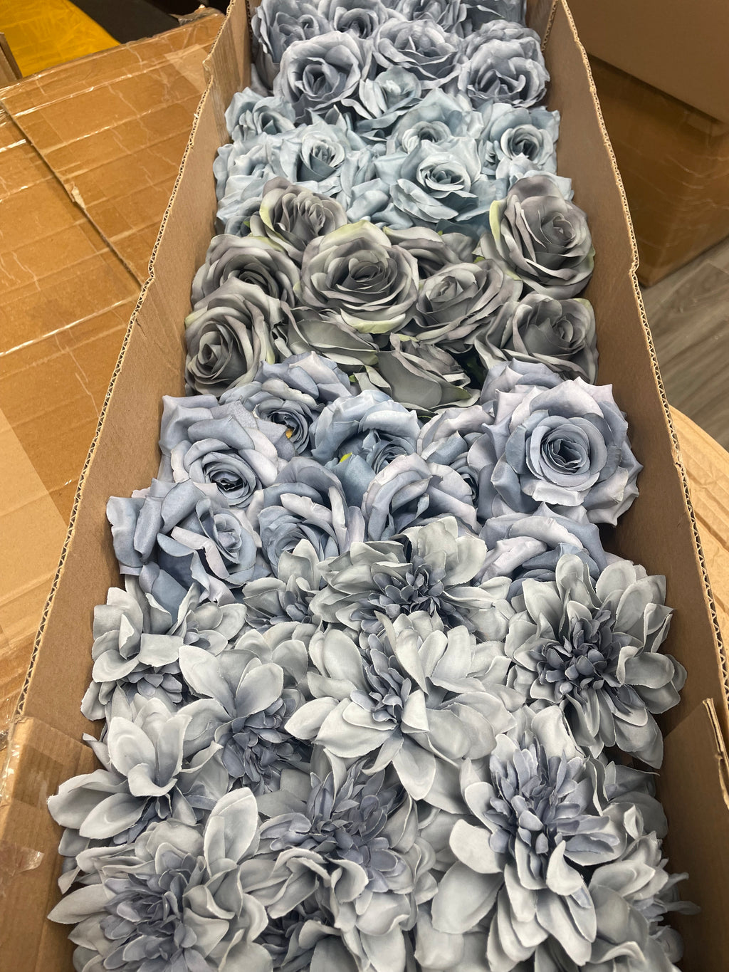 60 PCS All Dusty Blue Assorted Artificial Flower Heads B – Roses, Dahlia