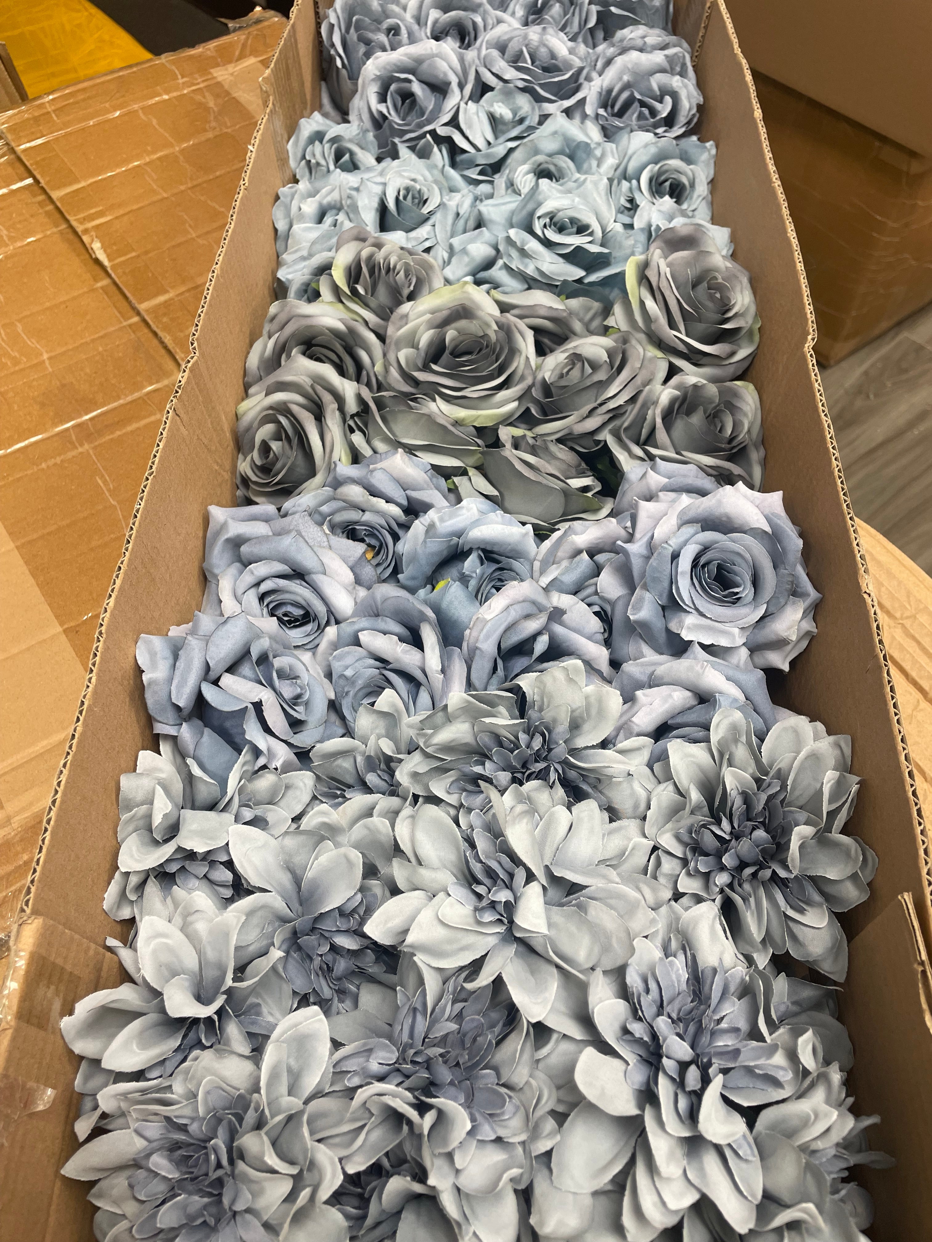 60 PCS All Dusty Blue Assorted Artificial Flower Heads B – Roses, Dahlia