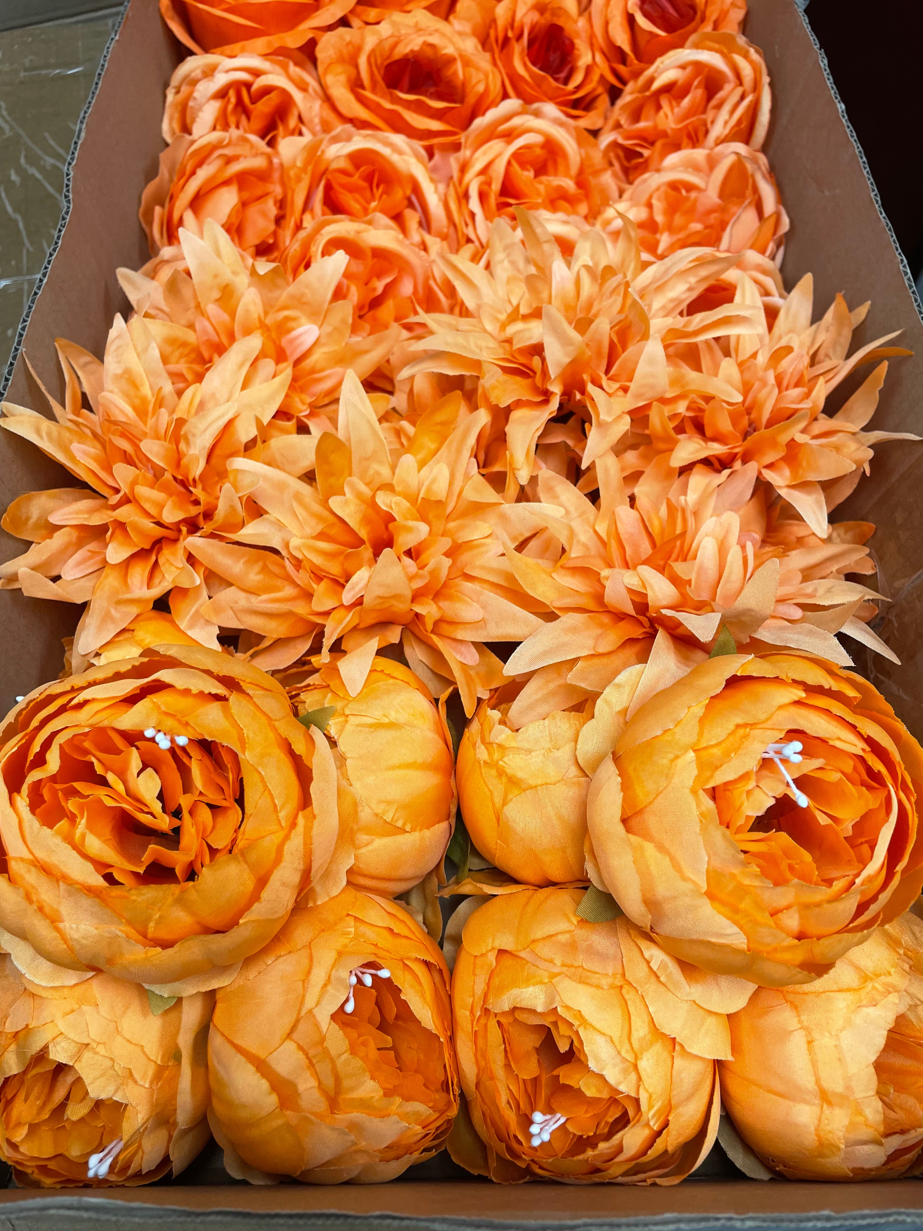 60 PCS All Orange Assorted Artificial Flower Heads B – Roses, Peonies, Dahlia, Ranunculus