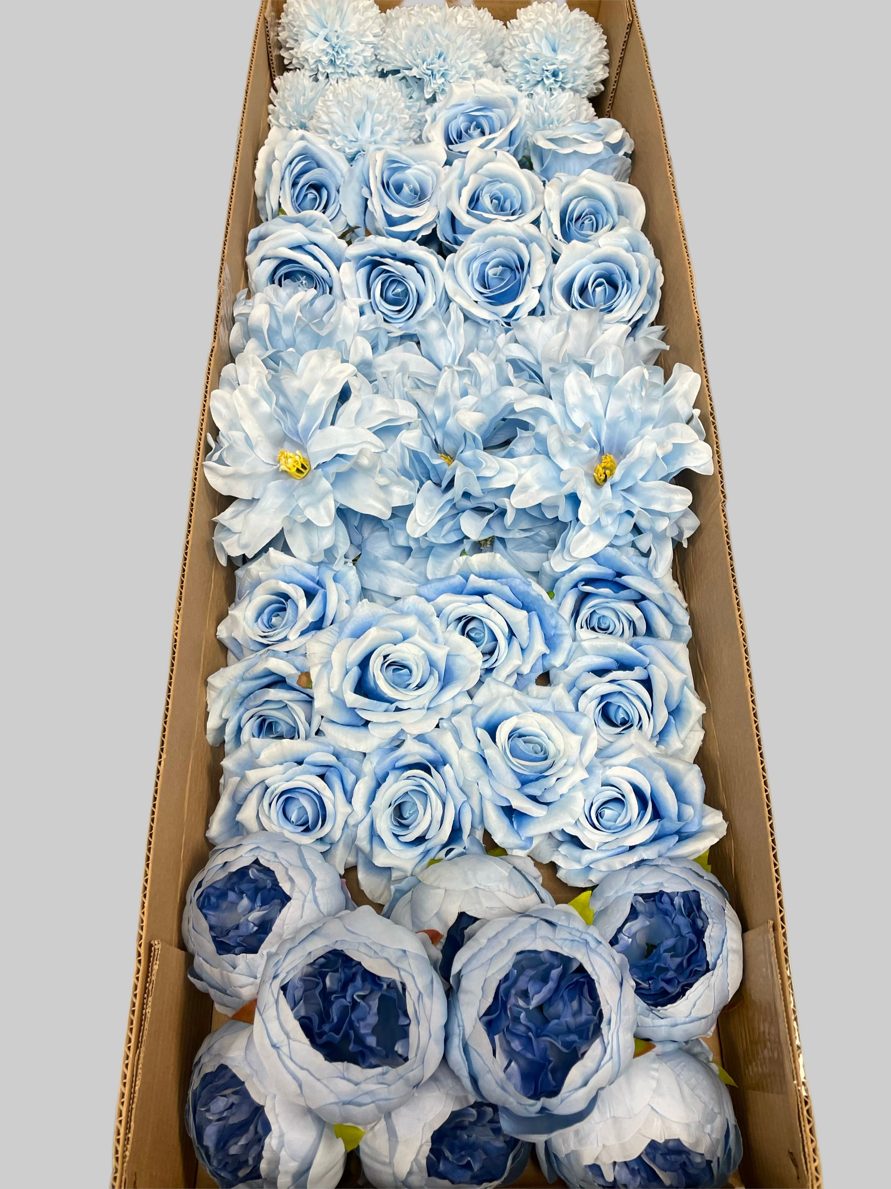 60 PCS All Light Blue Assorted Artificial Flower Heads A - Roses, Peonies, Orchid, Ping Pong Mum