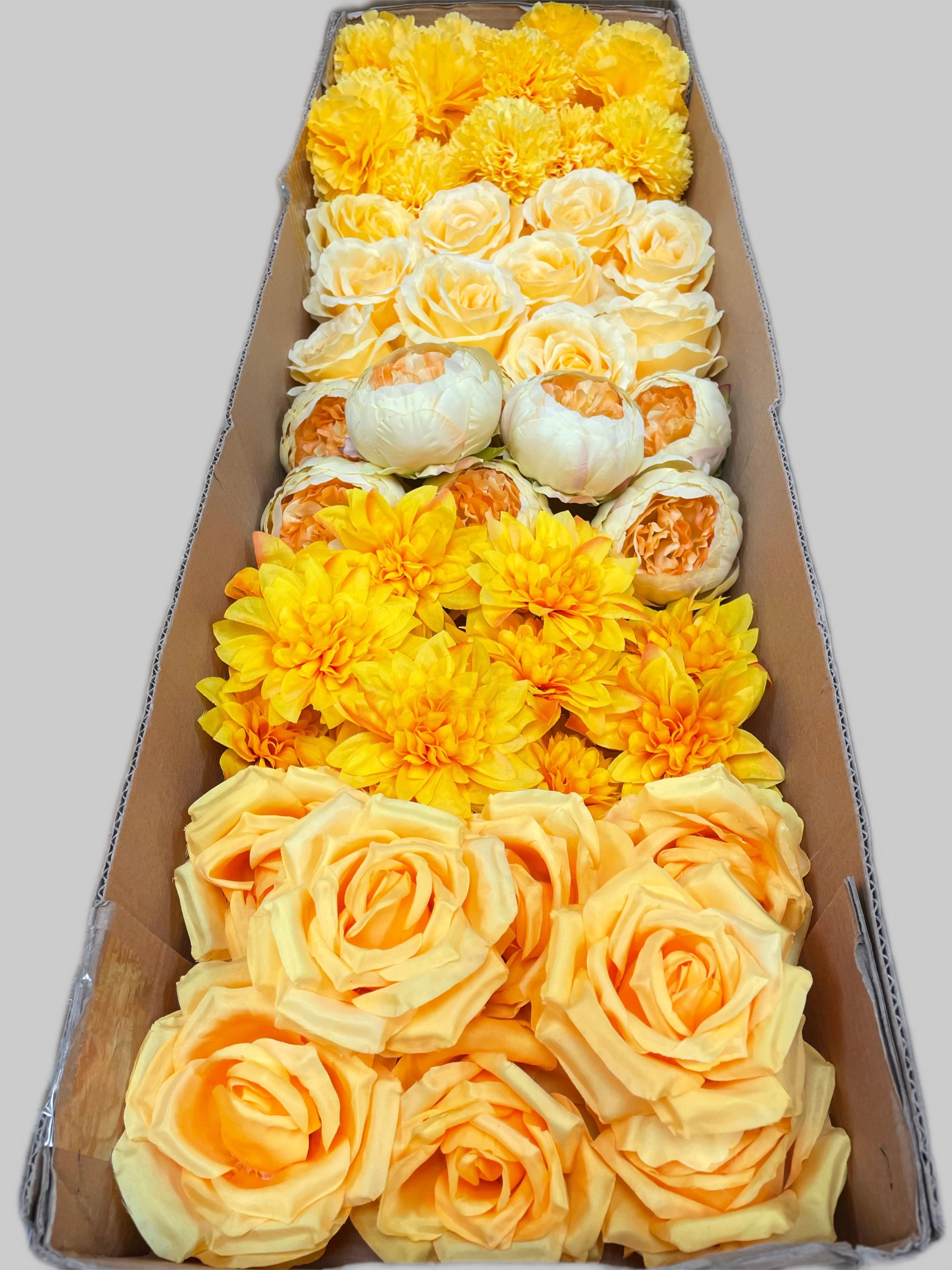 60 PCS All Yellow Assorted Artificial Flower Heads A – Roses, Peonies, Dahlias, Ping Pong Mums & Carnations