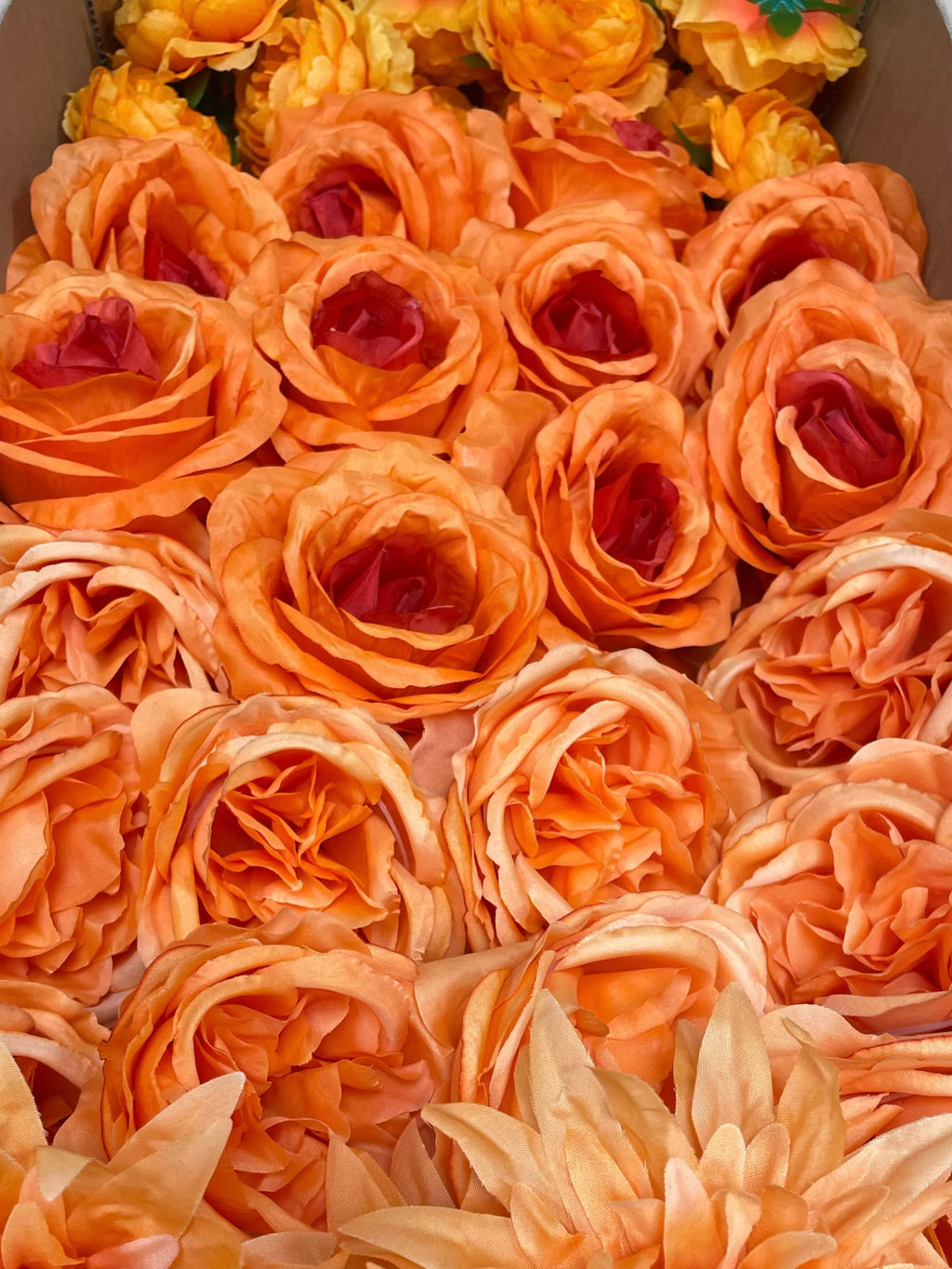 50/60 PCS All Orange Assorted Artificial Flower Heads (AO1BE), Roses, Peonies, Flame Chrysanthemums, Ranunculus
