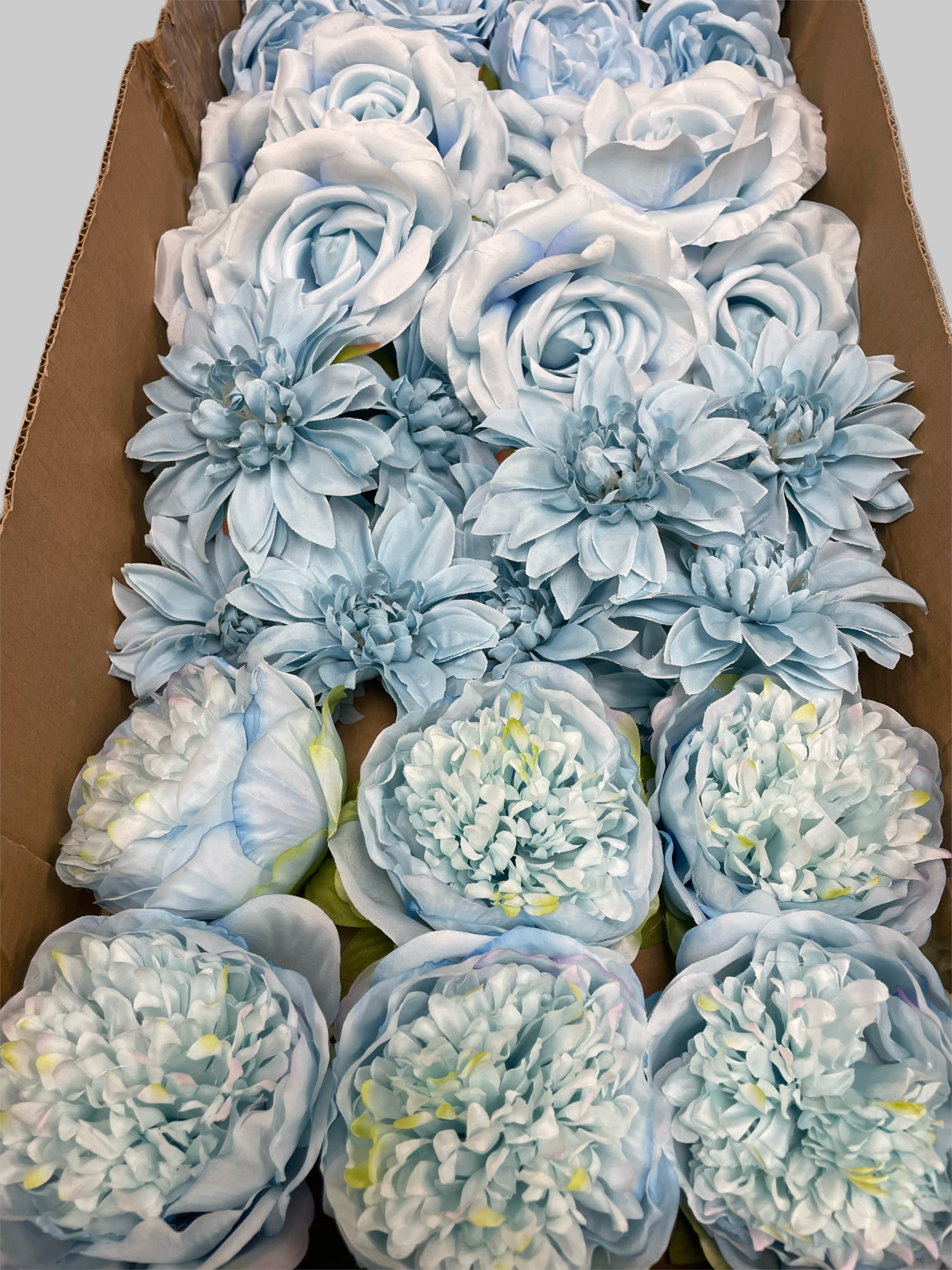 60 PCS All Light Blue Assorted Artificial Flower Heads B – Roses, Peonies, Dahlia