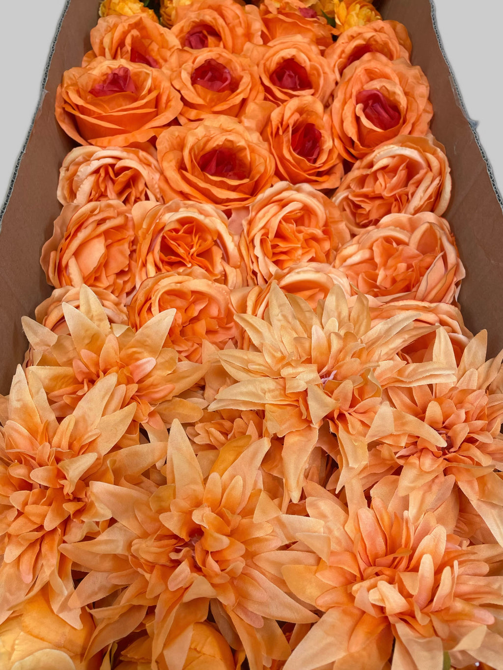 50/60 PCS All Orange Assorted Artificial Flower Heads (AO1BE), Roses, Peonies, Flame Chrysanthemums, Ranunculus