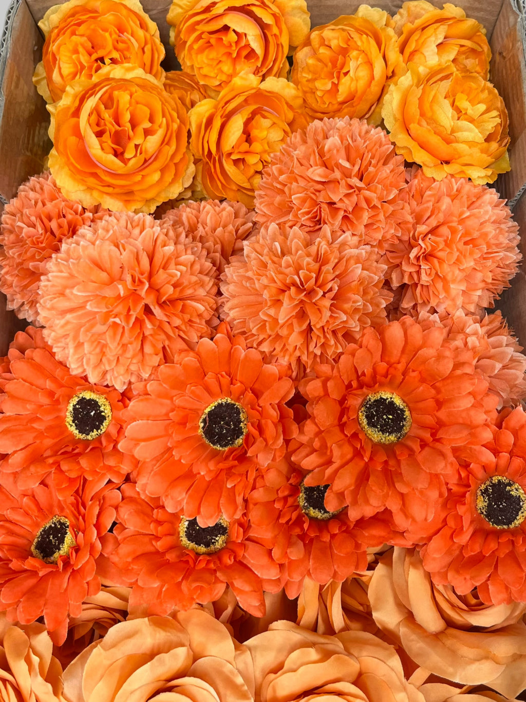 60PCS All Orange Assorted Artificial Flower Heads (AO2), Peonies, Rose, Ranunculus, Ping Pong Mums & Chrysanthemums