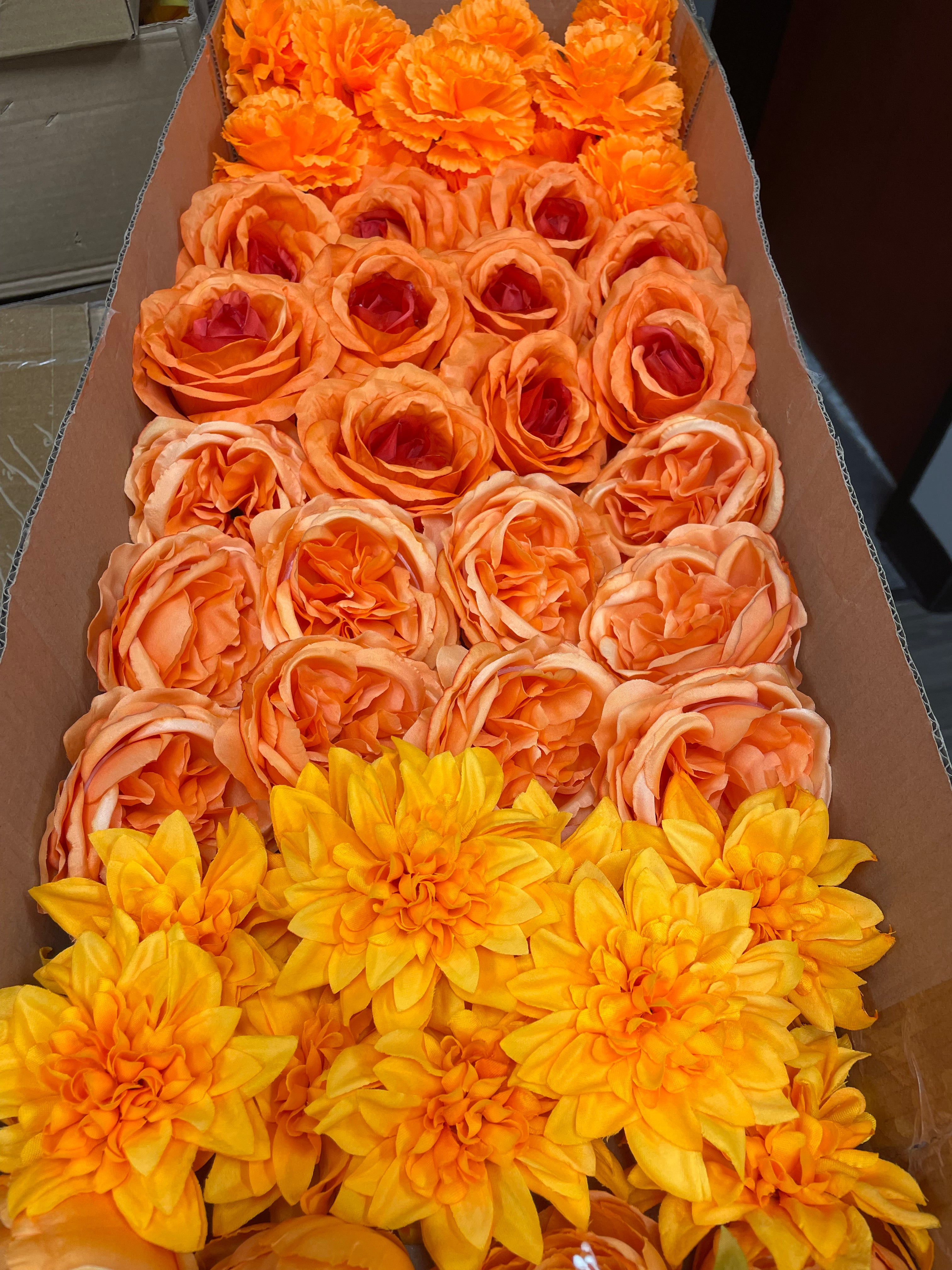 60 PCS All Orange Assorted Artificial Flower Heads A - Peonies, Rose, Dahlia, Carnation