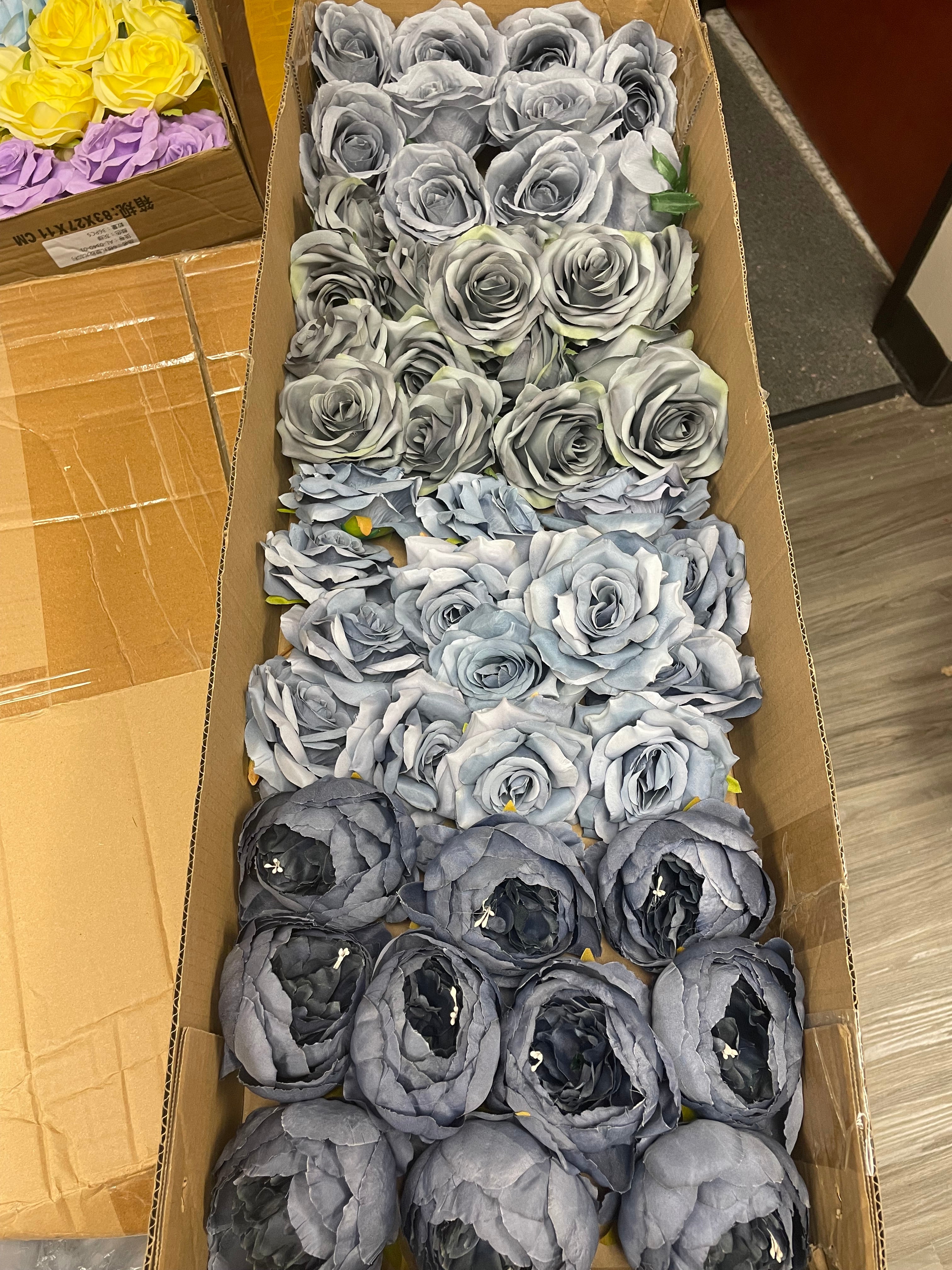 50 PCS All Dusty Blue Assorted Artificial Flower Heads A – Roses, Peonies