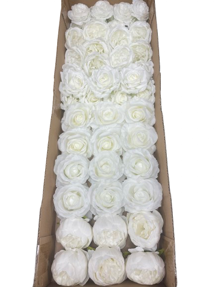 50 PCS All White Assorted Artificial Flower Heads (AW2), Peonies, Roses & Ranunculus