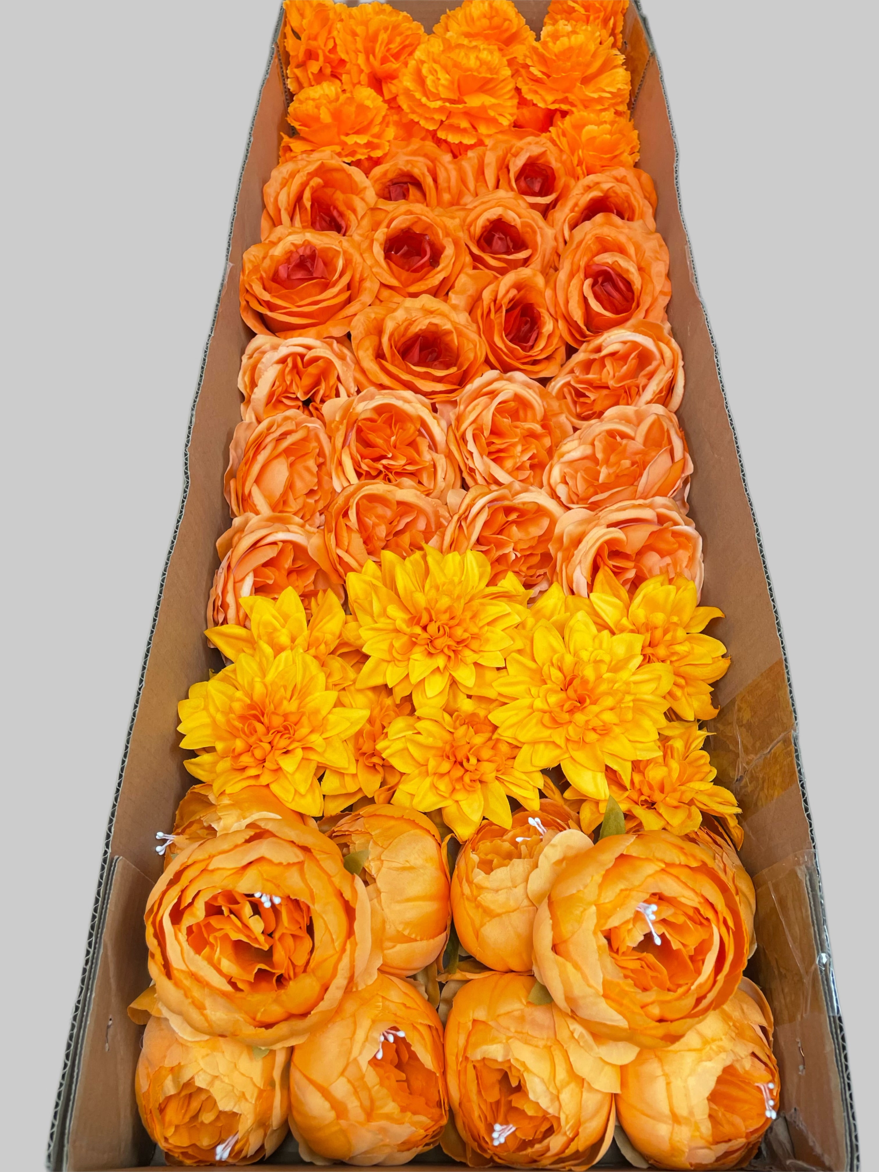 60/70 PCS All Orange Assorted Artificial Flower Heads A - Peonies, Rose, Dahlia, Carnation