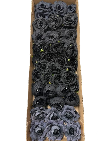 50 PCS All Black Assorted Artificial Flower Heads (AB1), Peonies & Roses