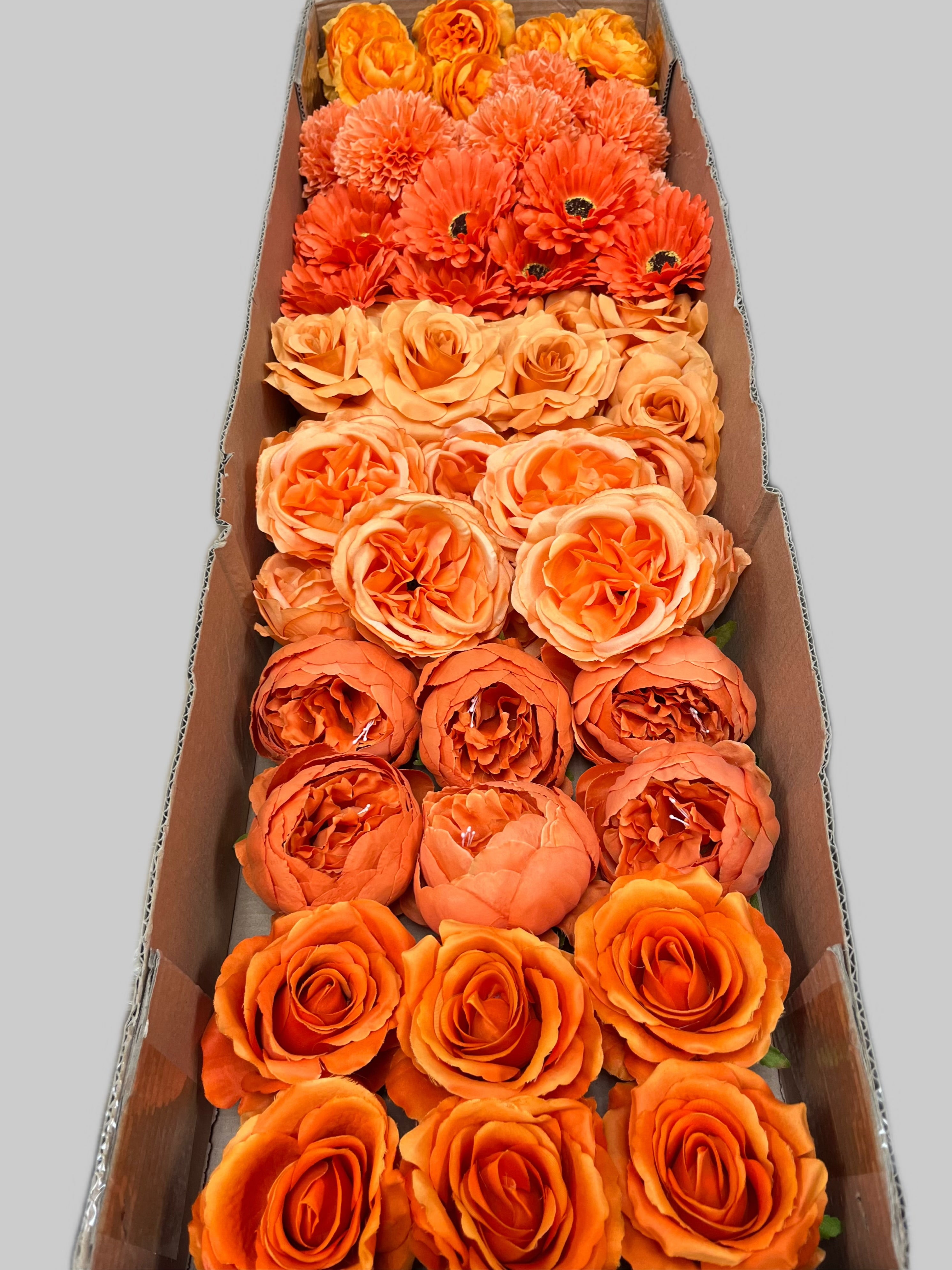 60PCS All Orange Assorted Artificial Flower Heads (AO2), Peonies, Rose, Ranunculus, Ping Pong Mums & Chrysanthemums